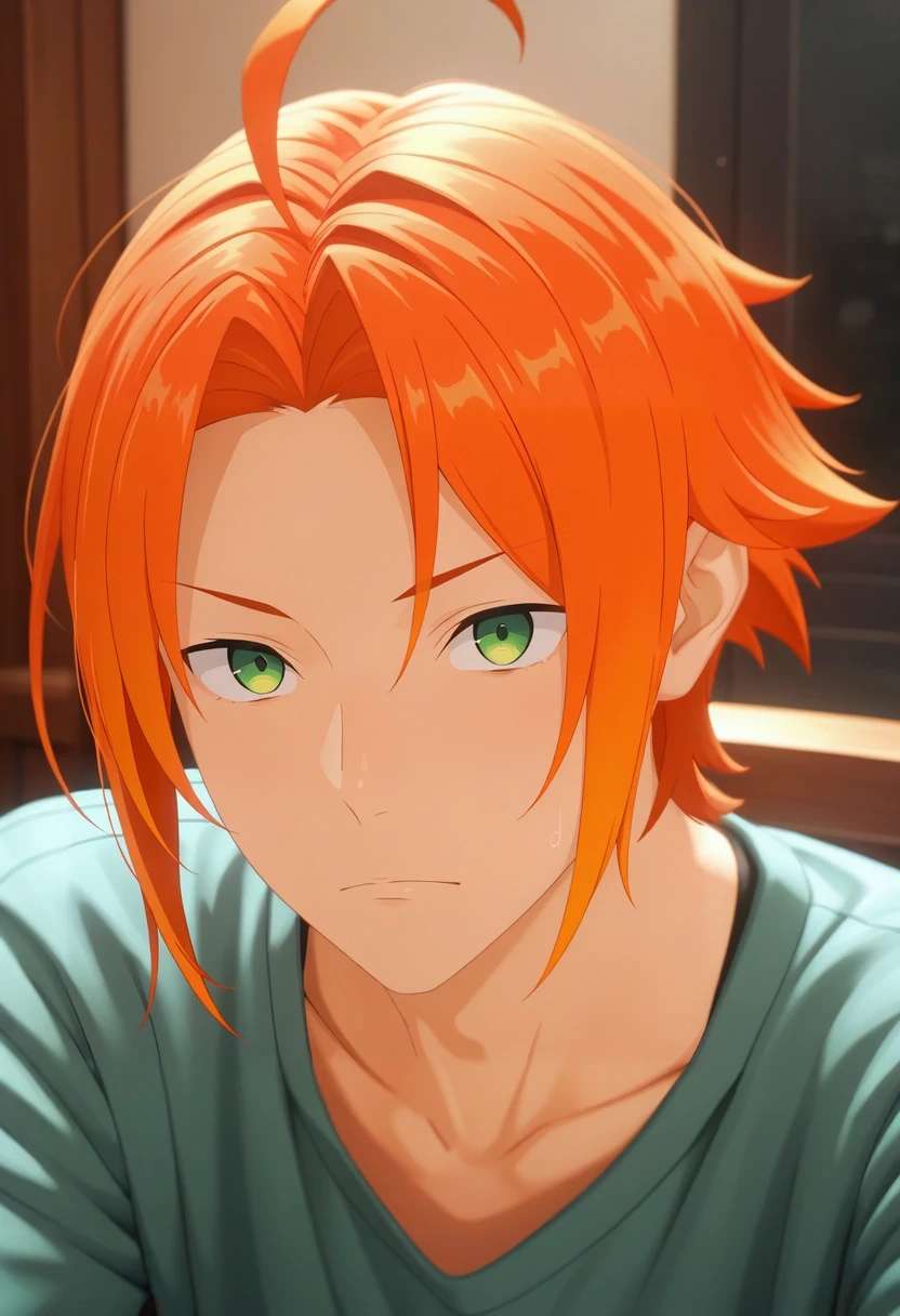 masterpiece, best quality, amazing quality, very aesthetic, high resolution, ultra-detailed, absurdres, newest, colorful, highest detailed, very awa, 3d, 1boy, solo, male focus, <lora:kouichi_shindou_ilxl:1>, kouichi_shindou, orange hair, green eyes, ahoge, short hair, bangs, parted bangs, ,