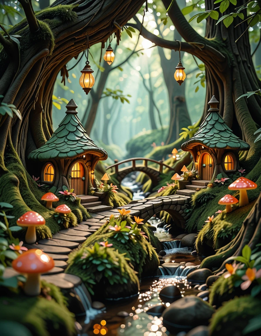 Deep within an enchanted forest, hidden beneath the mossy roots of ancient trees and glowing mushrooms, lies a miniature fairy village. Tiny, luminescent cottages made from acorns, bark, and shimmering crystal leaves are nestled among winding roots and soft green moss. Delicate stone bridges arch over trickling brooks that sparkle with magic-infused water. Lanterns made from hollowed-out firefly shells hang from branches, casting a gentle golden glow across the village paths made of polished pebbles and flower petals. The air is filled with the scent of wildflowers and sweet nectar, and the gentle hum of unseen wings occasionally stirs the leaves. Above, shafts of sunlight break through the dense canopy, illuminating the scene like a dream. Everything feels alive, vibrant, and timelessâas if the forest itself protects and nurtures this hidden, magical haven.miniature fairy v1ll4g3, <lora:miniature_fairy_v1ll4g3-i:1>, Masterpiece,best quality,hi res,8k,hi res,8k,award winning,(sharp focus, intricate, highly detailed),