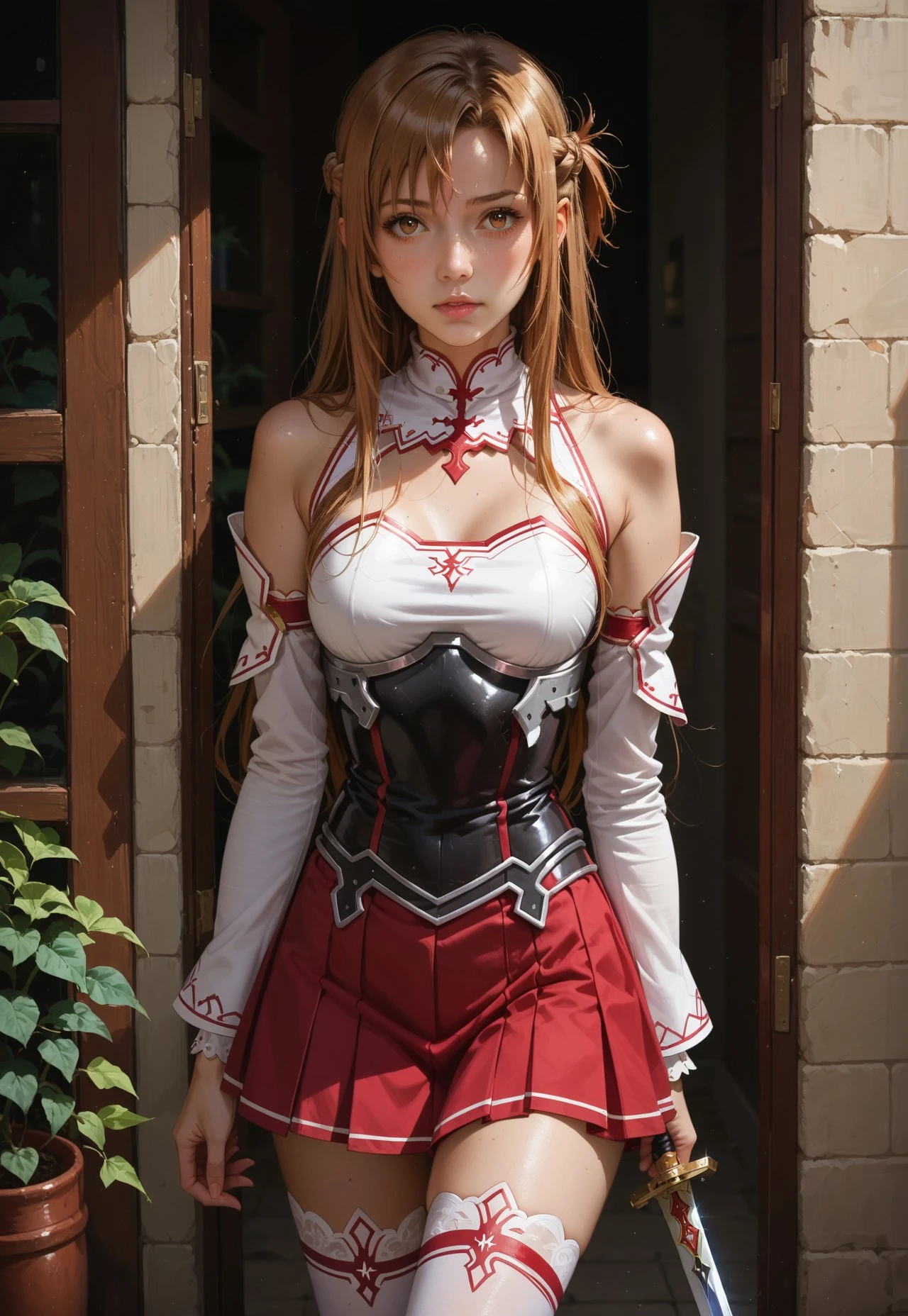 score_9, score_8_up, score_7_up, score_6_up, score_5_up, score_4_up, 1girl, slim, fit, beautiful eyes, Asuna Yuuki (/Sword Art Online)/,(ultra HD quality details), brown hair, long hair, (brown eyes), armor, breastplate, bare shoulders, detached sleeves, skirt, red skirt, thighhighs, white thighhighs, mouth opened, hiding, focusing on colorful beetle