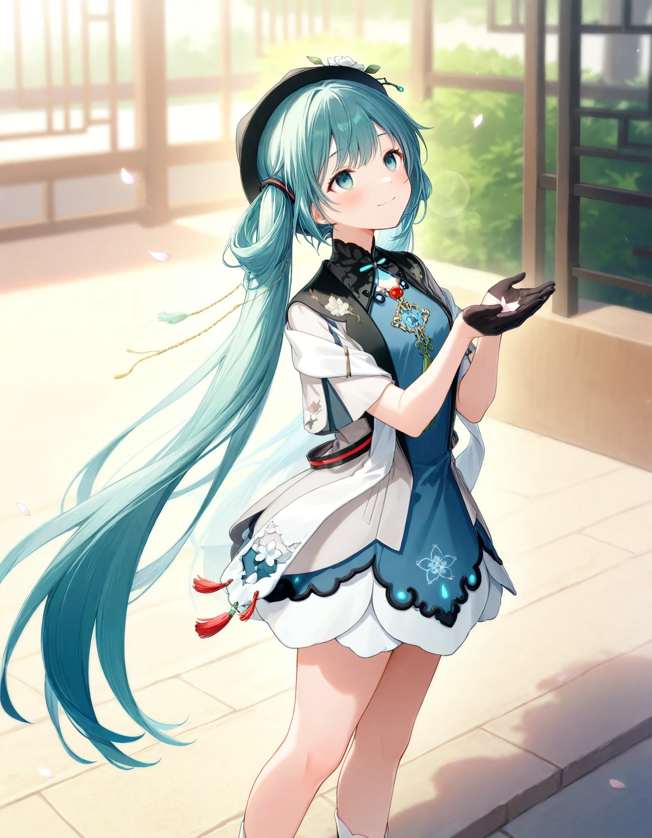 1girl, solo,
hatsune miku \(miku with you 2021\), 1girl, hatsune miku, very long aqua hair, hair rings, aqua eyes, twintails, black headwear, hat flower, white rose, black half gloves, chinese clothes, jewelry, blue dress, shawl, tassel, white socks, black footwear, bare legs,
standing, portrait, cupping hands, flower petals, petals,
empty eyes, hypnotized eyes, looking at another, looking up, from side,
smile, blush, aroused,
outdoors, chinese garden,
vibrant colors, hyper-detailed,
depth of field, bokeh, blurry background, soft focus, extremely detailed background,
prsk style, project sekai,
masterpiece, high score, great score, very aesthetic, absurdres,
<lora:MikuWithYou2021_anynoob_B:1>