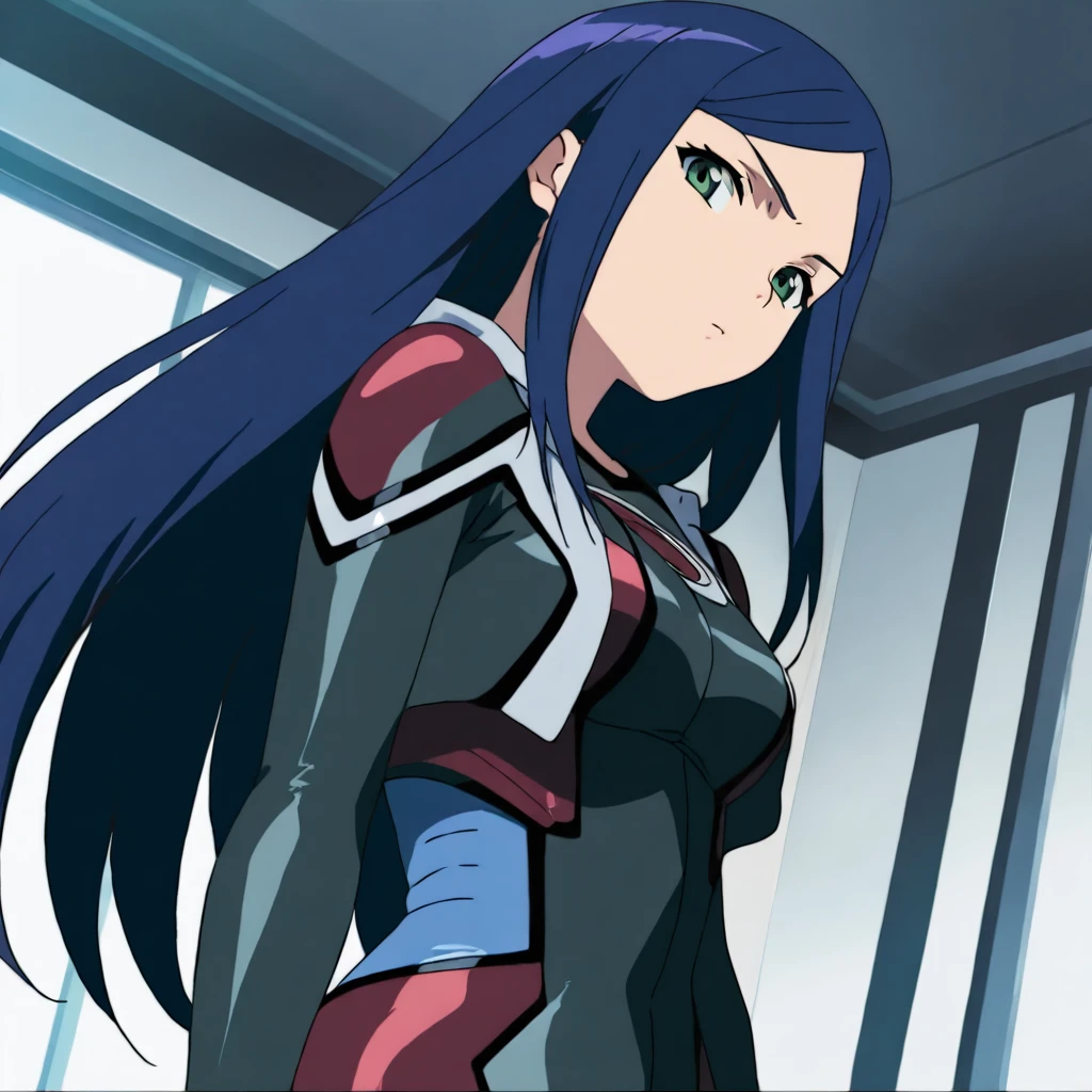 masterpiece,high score,great score,absurdres,solo,anime coloring,looking at viewer,<lora:KugaNatsuki ag4o:1> kuganatsuki, blue hair, long hair, green eyes,bodysuit,