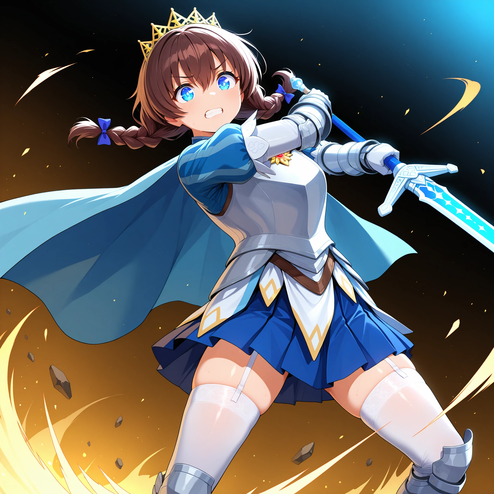 swinging sword with full force, battle cry, fierce expression, clenched teeth, eyes glowing, motion lines, wide slash arc, debris flying, best quality, amazing quality, newest,detailed face, beautiful eye,1girl, ,<lora:riccaV2.0Dim16alpha4_illustrious:0.8>,ricca_main ,blue eyes ,,brown hair,hair between eyes,hair pulled forward,twin braids,ricca_battle1, breastplate, vertical striped sleeves,armor, armored dress,blue_dress,, white gloves, gauntlets, blue skirt, pleated skirt, zettai ryouiki, white thighhighs, garter straps,greaves, cape, blue cape, tiara, brooch, flower brooch,chest brooch,sword,holding sword,, masterpiece, best quality, amazing quality, newest,detailed face, beautiful eye