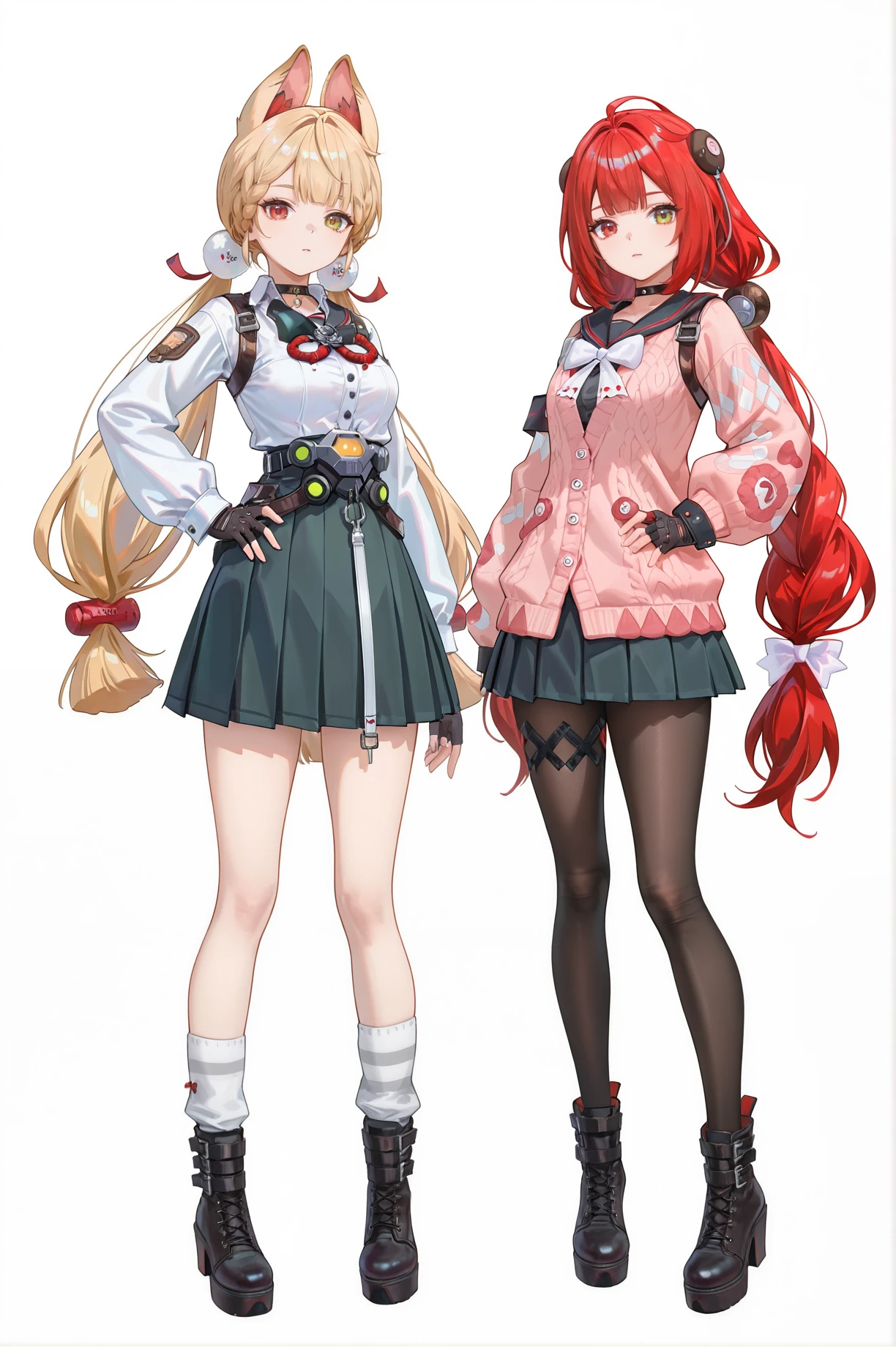 8k,best quality,masterpiece,(ultra-detailed),(high detailed skin),
((artist:reoen),(artist:fuzichoco),(artist:atdan),(artist:torino_aqua),year 2024:0.8)1girl,[artist:wlop],[artist:ningen_mame],artist:ciloranko,[[artist:rhasta]],artist:tidsean,colorful,
jijia,2d,ambient light,
full body,full shot,standing,looking at viewer,simple background,(white background:1.2),hand on own hip,(white background:1.1),empty hands, 
<lora:fuaizzz-noob-Tanger:0.8>,
2girls BREAK
Ukinami Yuzuha \(Zenless Zone Zero\),clothes: Yuzuhadef clothes,single thighhigh,green eyes,long hair,red hair,striped,boots,Yuzuhadef skirt,looking at viewer,cardigan,very long hair,simple background,bangs,asymmetrical legwear,long sleeves,choker,twin braids,white bow,socks BREAK
Alice Thymefield \(Zenless Zone Zero\),clothes: Alicedef clothes,heterochromiam,red eye,yellow eye,Alicedef white shirt,pantyhose,long hair,Alice animal ears,blonde hair,heterochromia,Alicedef black skirt,twintails,breasts,gloves,black pantyhose,bow BREAK