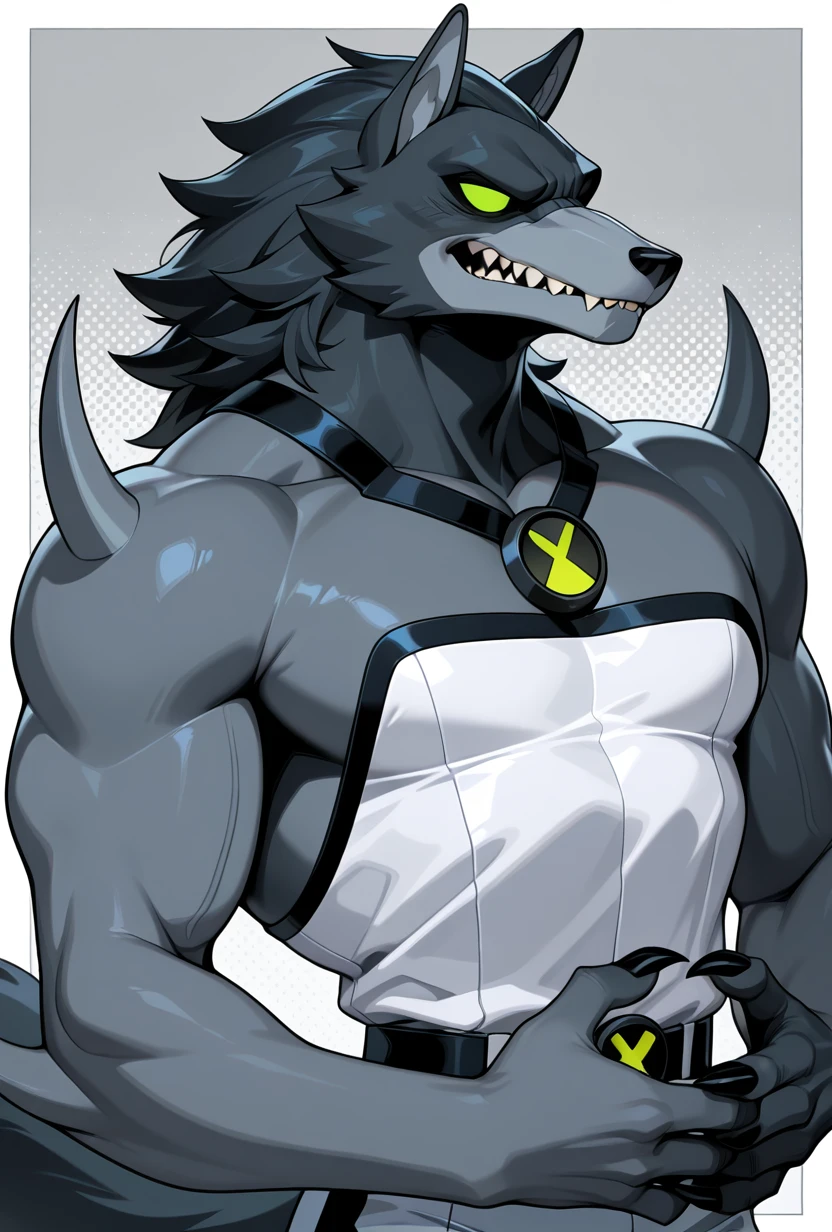 <lora:blitzwolfer-10:1> blitzwolfer, furry, 1boy, solo, furry male, green eyes, wolf boy, sharp teeth, claws, tail, white clothing, black head, black neck, arm spikes, shoulder spikes,, gray snout, grey body, strapless, grey background, masterpiece, best quality, amazing quality, very aesthetic, absurdres, newest,, upper body, halftone effect, white borders, abstract background:1.2,