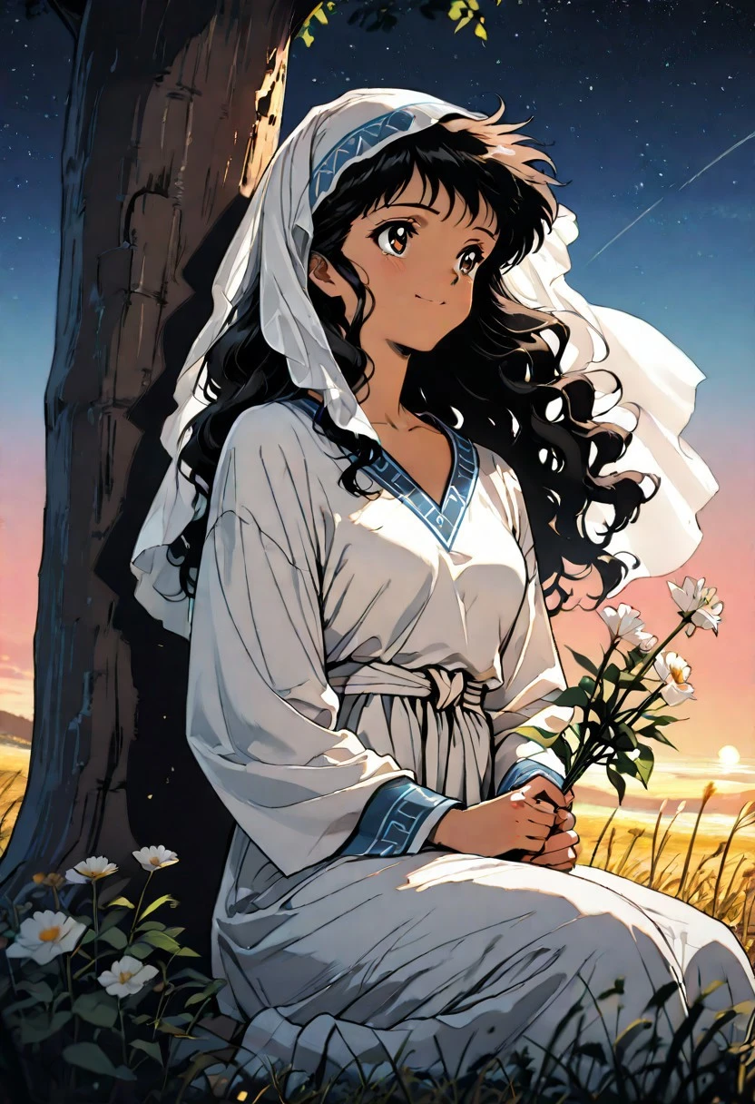 score_9, score_8_up, score_7_up, score_6_up, source_anime,
score_9, score_8_up, score_7_up, anime, warm colors, masterpiece, best quality, amazing quality, girl, ultra detailed, 8k ultra hd,
black hair, perfect brown eyes, long hair, long wavy hair, medium breasts, brown skin, biblical clothing, ancient Israelite, (yellow:1.3) Wool tunic,long dress, v neck, long loose sleeves,( long white linen veil:1.3), white linen belt, holding a flower, legs folded, leaning on hand,
evening time, happy, sitting on the ground, in a grassy field, under an olive tree, starry eyes, happy, relaxed, hair in motion, wind, spectacularly,beautiful angle, epic, atmospheric,high detail, halftone effect, retro artstyle
