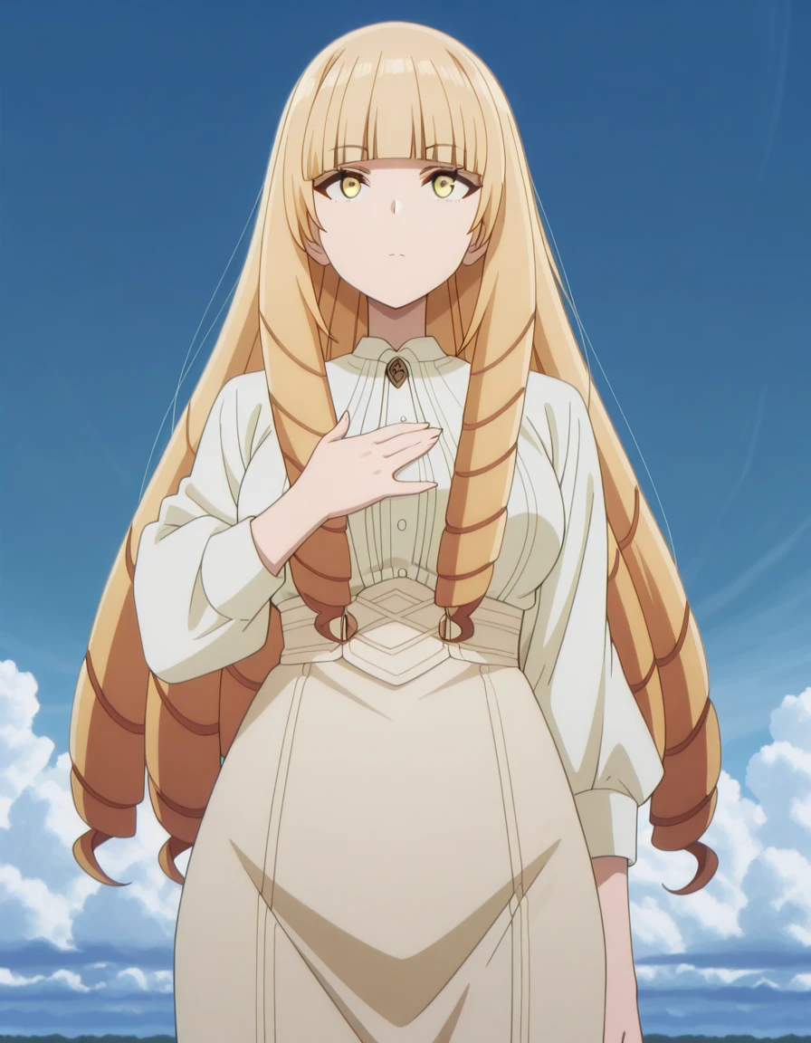 masterpiece, best quality, amazing quality,, <lora:oriana-rose-s1-illustriousxl-lora-nochekaiser:1>, oriana rose, long hair, blonde hair, yellow eyes, drill hair, bangs, blunt bangs, mature female, medium breasts, anime screencap, <lora:lupang-hinirang-illustriousxl-lora-nochekaiser:1>, lupang hinirang, solo, looking up, expressionless, closed mouth, hand up, hand on own chest, clouds, blue sky, outdoors, cowboy shot, ,