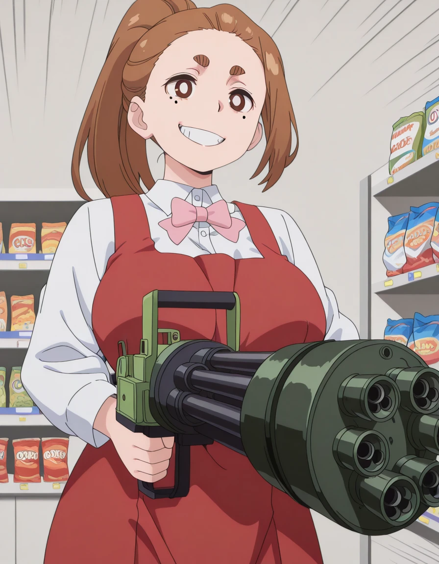 masterpiece, best quality, amazing quality,, <lora:sumireko-ogawa-s1-illustriousxl-lora-nochekaiser:1>, sumireko ogawa, brown hair, brown eyes, thick eyebrows, mole, mole under eye, bangs, ponytail, mature female, breasts, anime screencap, shirt, long sleeves, dress, bow, white shirt, collared shirt, bowtie, red dress, pink bow, pinafore dress, pink bowtie,, <lora:gatling-gun-illustriousxl-lora-nochekaiser:1>, gatling gun, gun, holding, holding gun, holding weapon, minigun, solo, grin, teeth, cowboy shot, simple background, speed lines,, convenience store, snacks, shelves, counter, quick, cowboy shot, solo, looking at viewer,