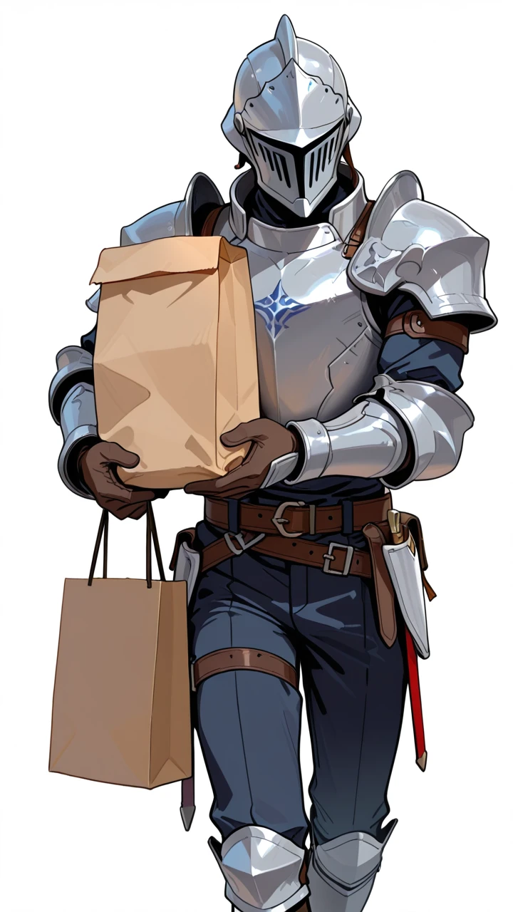 paper bag,1boy,bag,male focus,holding,simple background,helmet,white background,pants,solo,shopping bag,walking,gloves,belt,armor,holding bag,box,
masterpiece,best quality,amazing quality,very aesthetic,absurdres,newest,