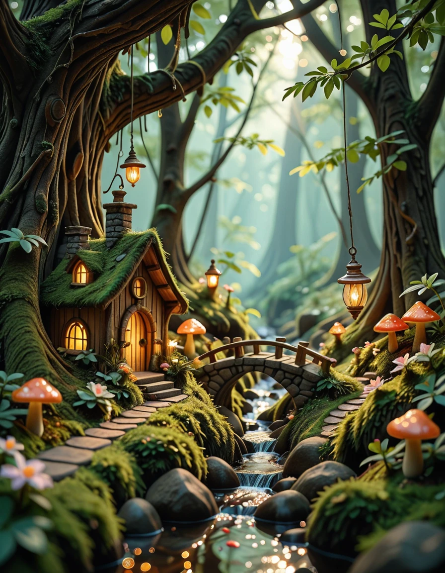 Deep within an enchanted forest, hidden beneath the mossy roots of ancient trees and glowing mushrooms, lies a miniature fairy village. Tiny, luminescent cottages made from acorns, bark, and shimmering crystal leaves are nestled among winding roots and soft green moss. Delicate stone bridges arch over trickling brooks that sparkle with magic-infused water. Lanterns made from hollowed-out firefly shells hang from branches, casting a gentle golden glow across the village paths made of polished pebbles and flower petals. The air is filled with the scent of wildflowers and sweet nectar, and the gentle hum of unseen wings occasionally stirs the leaves. Above, shafts of sunlight break through the dense canopy, illuminating the scene like a dream. Everything feels alive, vibrant, and timelessâas if the forest itself protects and nurtures this hidden, magical haven.miniature fairy v1ll4g3, <lora:miniature_fairy_v1ll4g3-i:1>, Masterpiece,best quality,hi res,8k,hi res,8k,award winning,(sharp focus, intricate, highly detailed),