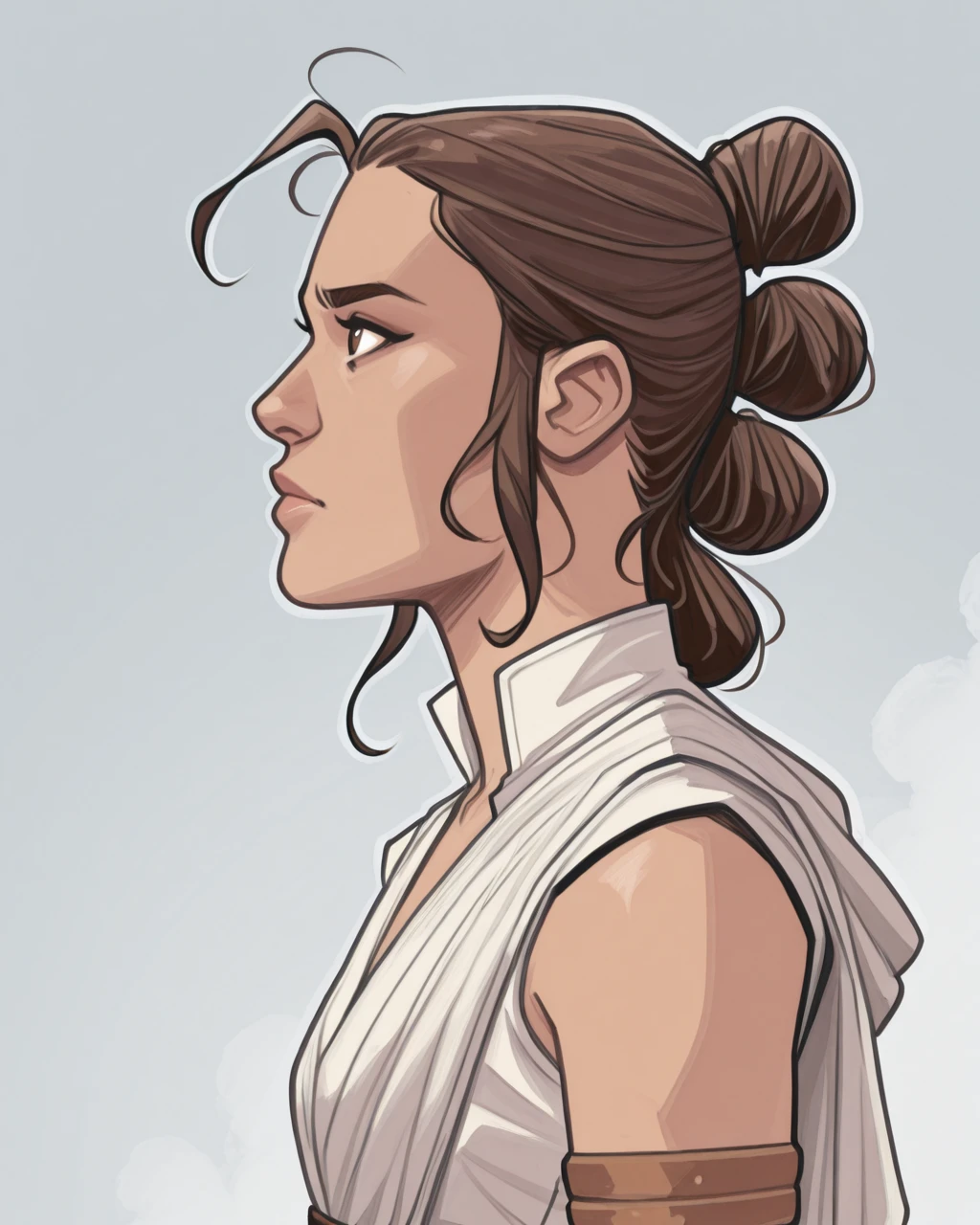 masterpiece, best quality, absurdres, perfect quality, absolutely eye-catching, <lora:CasparWijngaardIllus:0.8> casparw, <lora:ReyComicIllus:1> reycomic, sidelocks, hair bun, brown hair, brown eyes, white tunic, belt, armlet, wristband, shorts, profile portrait, from side,