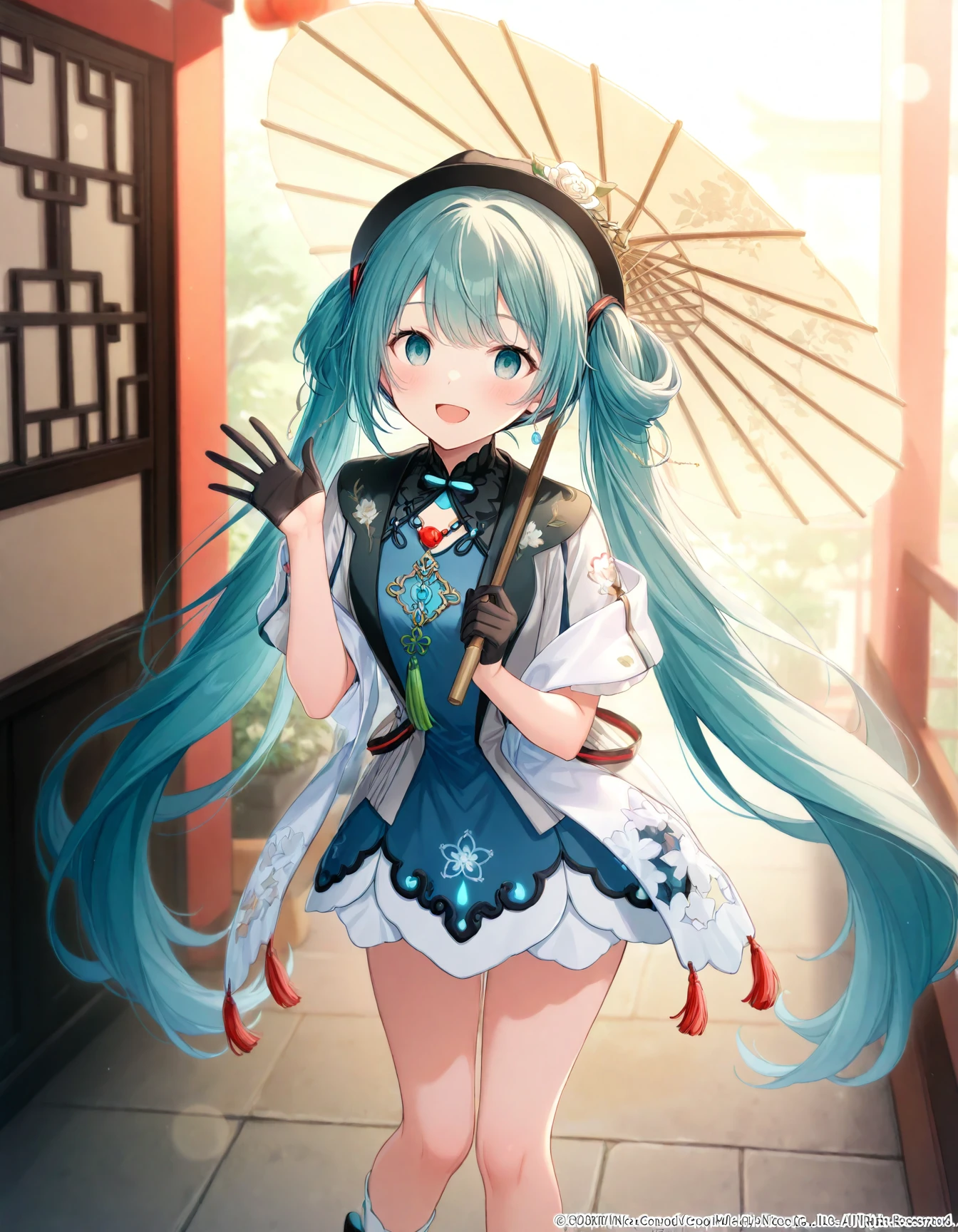 1girl, solo,
hatsune miku \(miku with you 2021\), 1girl, hatsune miku, very long aqua hair, hair rings, aqua eyes, twintails, black headwear, hat flower, white rose, black half gloves, chinese clothes, jewelry, blue dress, shawl, tassel, white socks, black footwear, legs,
holding oil-paper umbrella, standing, waving,
empty eyes, hypnotized eyes, looking at viewer, (open mouth:0.8),
smile, blush, aroused,
outdoors, chinese garden,
vibrant colors, hyper-detailed,
depth of field, bokeh, blurry background, soft focus, extremely detailed background,
prsk style, project sekai,
masterpiece, high score, great score, very aesthetic, absurdres,
<lora:MikuWithYou2021_anynoob_B:1>