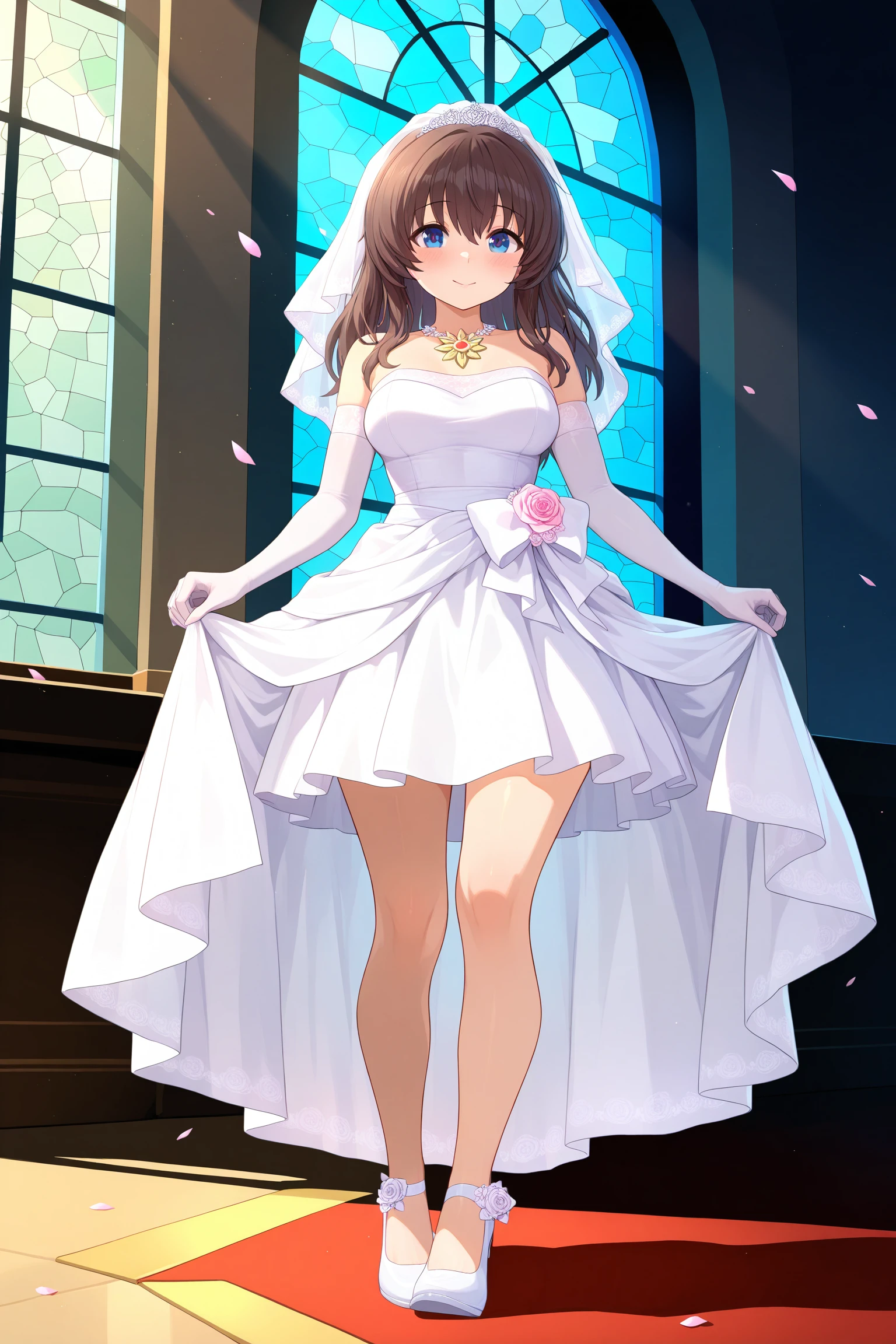 walking down aisle, flower petals in the air, soft sunlight through stained glass, gentle smile, looking slightly downward, bridal veil trailing behind, emotional atmosphere, best quality, amazing quality, newest,detailed face, beautiful eye,1girl, ,<lora:riccaV2.0Dim16alpha4_illustrious:0.9>,ricca_main ,blue eyes ,,brown hair,long hair,ricca_wedding,white dress,high-low dress,short dress,wedding dress,(flower on shoe, waist flower, ,flower ornament,pink rose:1.2) ,strapless dress,bride,,ruffled dress ,,bridal veil,bridal_headpiece,white glove,elbow gloves,white footwear,high heels,,brooch, flower brooch,chest brooch,, masterpiece, best quality, amazing quality, newest,detailed face, beautiful eye