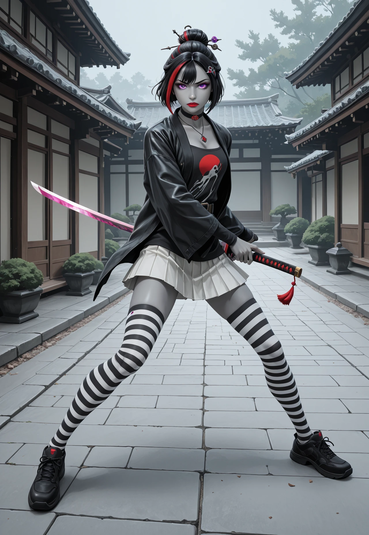 looking at viewer, standing, holds katana sword, Japanese architecture, fighting stance, dynamic pose,
MiyakoF, 1girl, solo, grey skin, multicolored hair, streaked hair, red hair, black hair, short hair, hair ornament, hair bun, purple eyes, red lips, choker, necklace, jacket, long sleeves, shirt, belt, pleated white skirt, shoes, striped thighhighs,
absurdres, newest, masterpiece, best quality, very aesthetic, MythAn1m3,