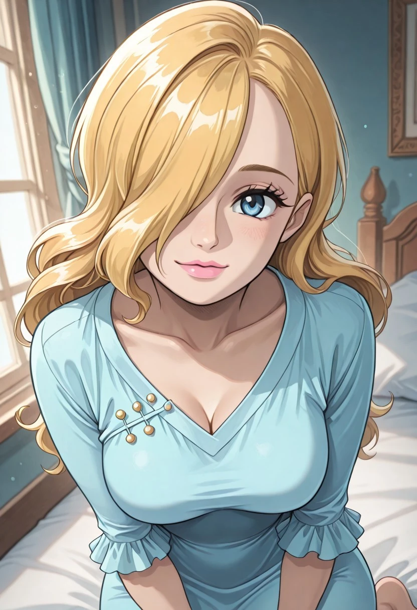 VinsmokeSoraOP, 1girl, solo, pale skin, long hair, blonde hair, curly hair, hair over one eye, dark blue eyes, full lips, pink lipstick, makeup, large breast, long dress, light blue dress, dress ornament, elbow length sleeves, cleavage, collarbone, thick thighs, frills, barefoot,
masterpiece, best quality, fine details, intricate details, depth of field, subsurface scattering, bokeh, ultra-detailed, very aesthetic, detailed background, newest, scenery, highres, absurdres, colorful, vibrant, glowing, perfect face, 2d, perfect eyes, vibrant saturated colors, volumetric lighting, sharp, detailed eyes, perfect anatomy, perfect face, perfect eyes, mature body, clear eyes, beautiful eyes, athletic, curvy body, athletic girl, perky tits, perfect tits, round breasts, pinup pose, teasing, lustful expression, perfect hands,
muscular female, dutch angle, dynamic pose,
,Smooth Negative, Smooth_Quality,