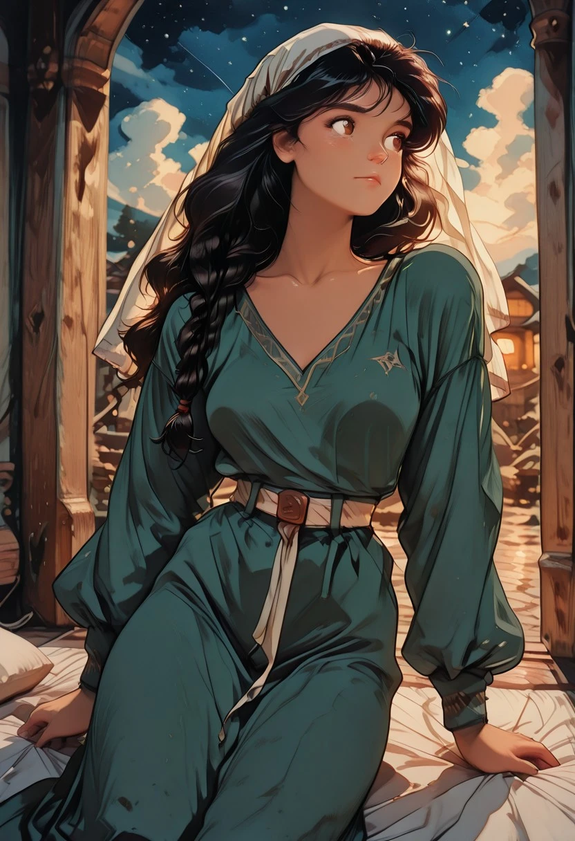 masterpiece, high_quality, highres, detailed_eyes, detailed, masterpiece, best quality, absurdres, 8k, HDR, face_focus, high quality, very_awa, newest, absurdres, highres, depth_of_field, realistic_skin, pinkretroanime, retro art, girl, ultra detailed, 8k ultra hd, from the side angle, looking to the side,
black hair, brown eyes, long hair, long braid hair, medium breasts, brown skin, biblical clothing, ancient Israelite, (green:1.4) Wool tunic,long dress, v neck, long loose sleeves, long white linen veil, white linen sash belt, starry sky, fluffy clouds outside, night time, summer season, laying on a sheet, on the floor, village house