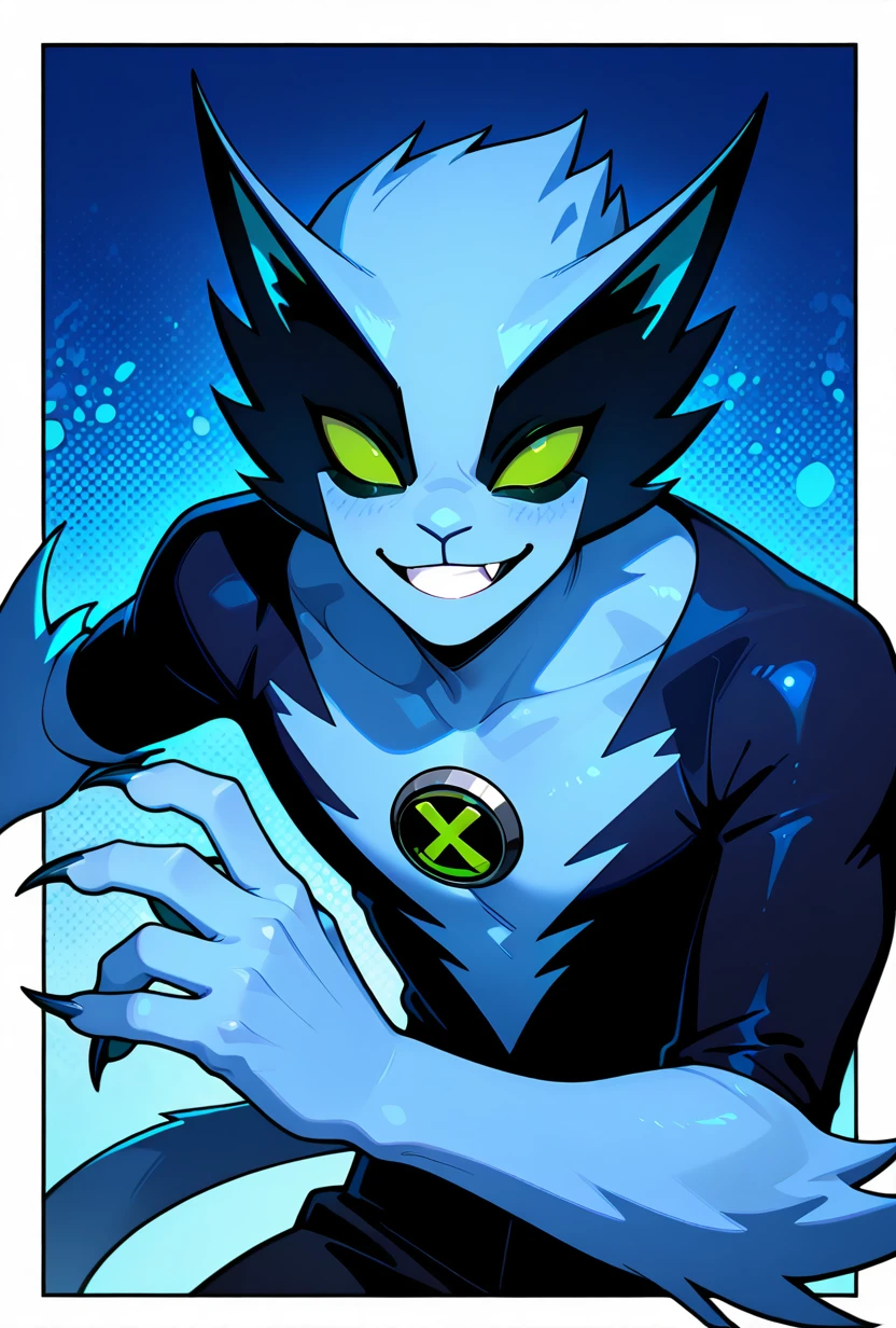 <lora:fastrack-10:1> fastrack, solo, blue skin, green eyes, 1boy, claws, green badge, fang, feline tail, wide jaw, masculine, blue chest, body fur, smile, looking at viewer, blue background, masterpiece, best quality, amazing quality, very aesthetic, absurdres, newest,, upper body, halftone effect, white borders, abstract background:1.2,