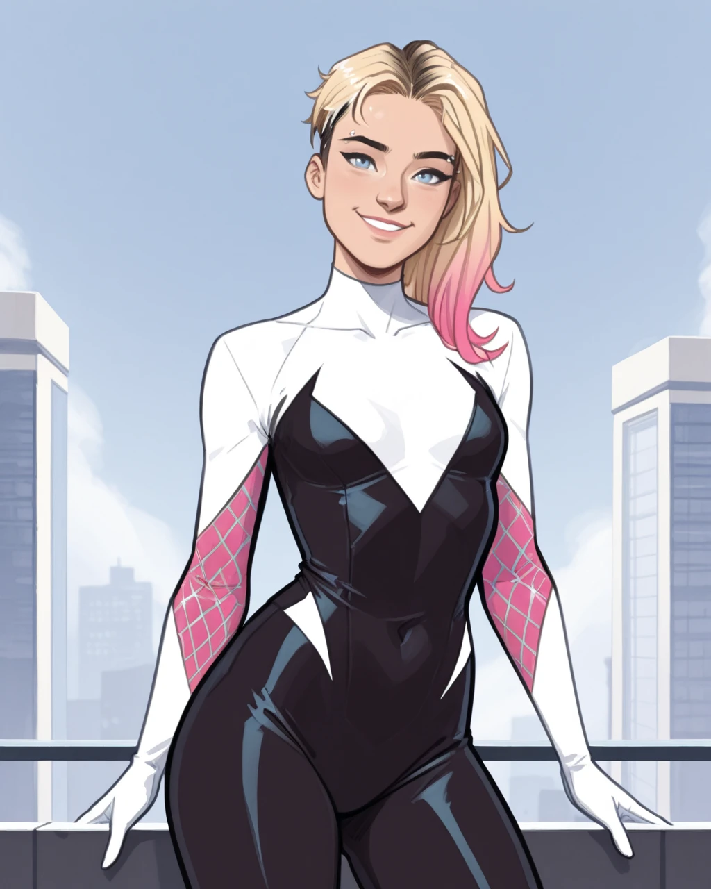 masterpiece, best quality, absurdres, perfect quality, absolutely eye-catching,  <lora:CasparWijngaardIllus:1> casparw <lora:GwenStacyNoobXL_byKonan:0.7> gwenstacy, 1girl, blonde hair, blue eyes, asymmetrical hair, eyebrow piercing, bodysuit, multicolored hair, cowboy shot, contrapposto, looking at viewer, smile,