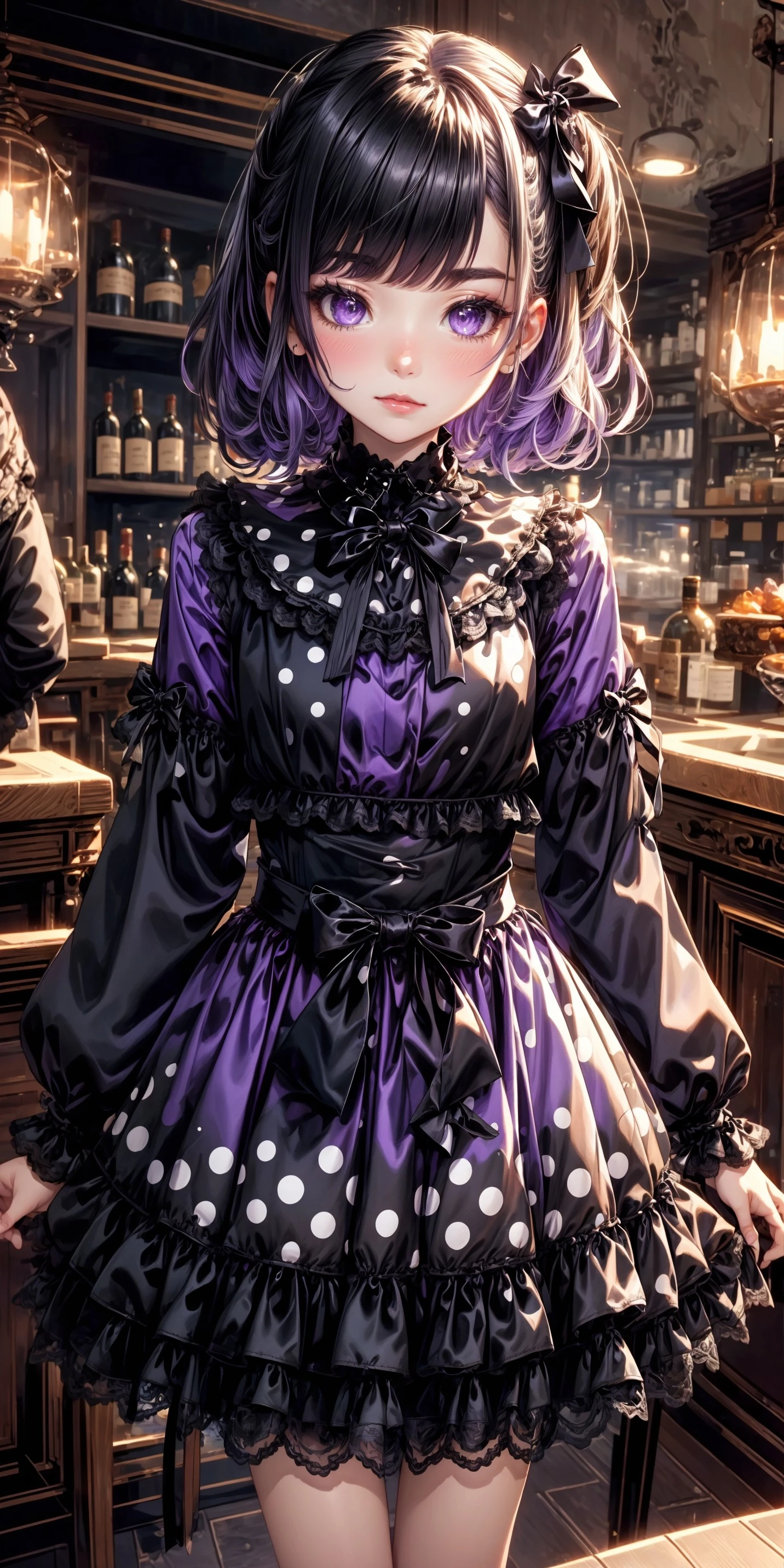 1girl, blushing, full face blushing, purple shiny satin puffy dress, black and white lace-trimmed (polka dot_print peter pan collar), black chest ribbon, purple ribbon-trimmed shiny satin sleeves, black long ribbon_trim, (black long ribbon trim on purple shiny satin long sleeves), black and white polka dot print waistband, purple, black, and white short attached two-tone polka dot print skirt, black lace, black lace trim, black bows, <lora:more_details:0.7>, <lora:scene_:0.5>, <lora:FashionComplexityEnhancerLORAv1:0.4>, <lora:0fcf465d-3682-4e3d-8661-40c6d0fb9e3b:0.6>, <lora:2e7fa73a-6616-4428-8b5f-0e65efaa9198:0.4>, <lora:bar:0.4>, <lora:96073874-f082-4683-942e-601cecac5c40:0.3>, <lora:f7d08feb-f21d-42d0-9ef1-a9481867524d:0.3>, , , , ,