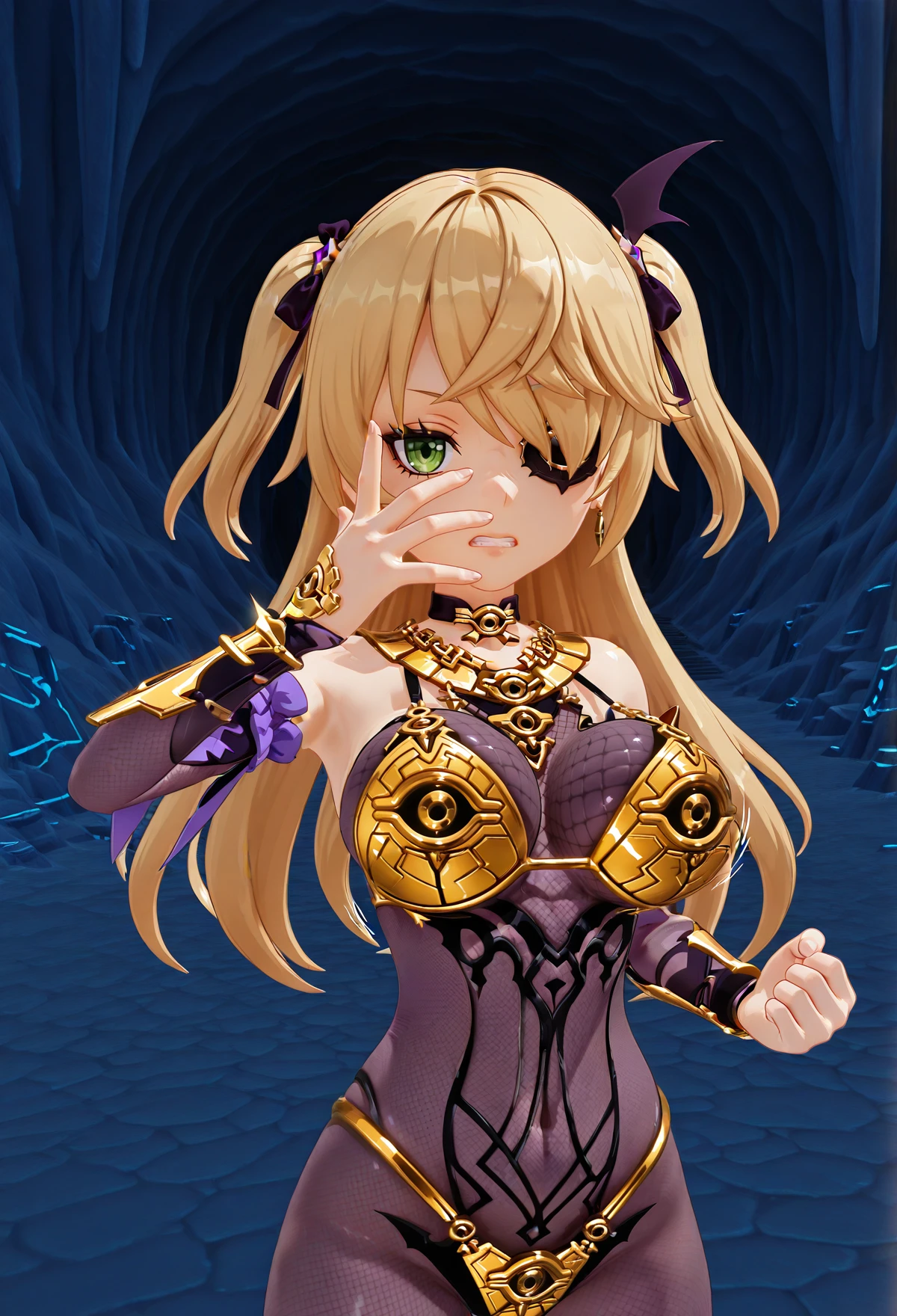 G3NSHIN, 3d, 1girl, fischl \(genshin impact\), clenched teeth, ornate black fishnet bodysuit, wrist guards, millennium bikini, bikini armor, eye of horus, choker, necklace, earrings, looking at viewer, cave, cowboy shot, large breasts, fighting stance, bouncing breasts, hand up, dynamic pose
<lora:millennium-10:1> <lora:G3NSHIN IL:1> hand on own face