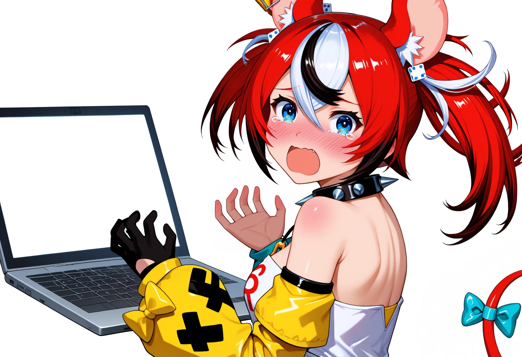 1girl, blush, laptop, tearing up, white background, upper body, looking at viewer, hands up, looking back, open mouth, <lora:it's_all_fucking_lewds_memev3:1> <lora:ChamHakosBaelzNoob:1> B4elzDef, blue eyes, multicolored hair, red hair, white hair, black hair, uneven twintails, dice hair ornament, animal ears, tail, tail ornament, spiked collar, key necklace, strapless shirt, white shirt, clothes writing, detached sleeves, asymmetrical sleeves, two-tone sleeve, yellow sleeve, single glove, black glove,