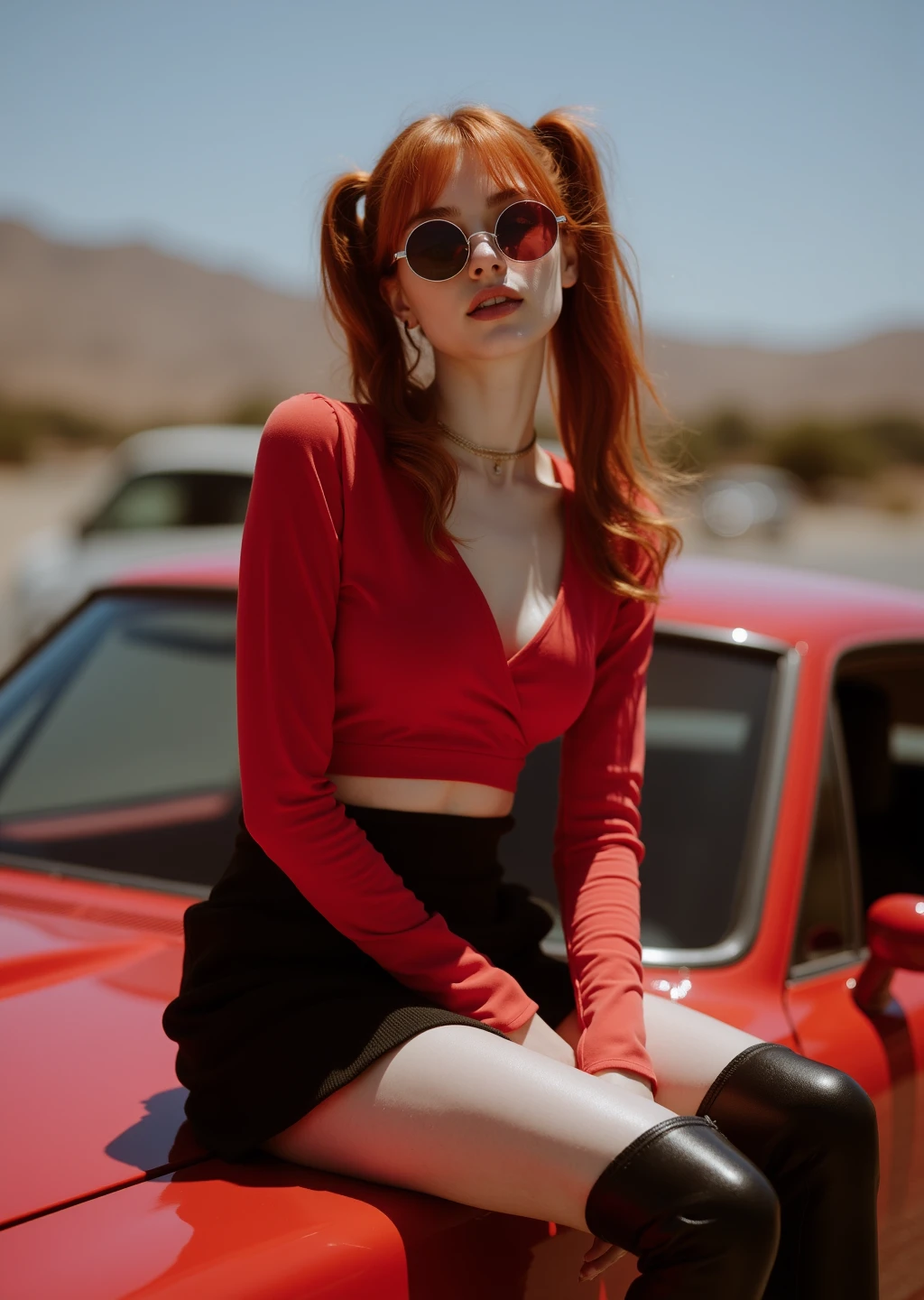 Ultraphotorealistic close-up portrait of a 25 years old woman with pale-white lavender skin and double pony tails red hair. Wearing fitting red crop top,fitting black miniskirt,sitting on top of Nissan GT, red car, thigh highs, oversized woman's boots, black boots.Shot with a shallow depth of field, perfect lighting, 85mm lens