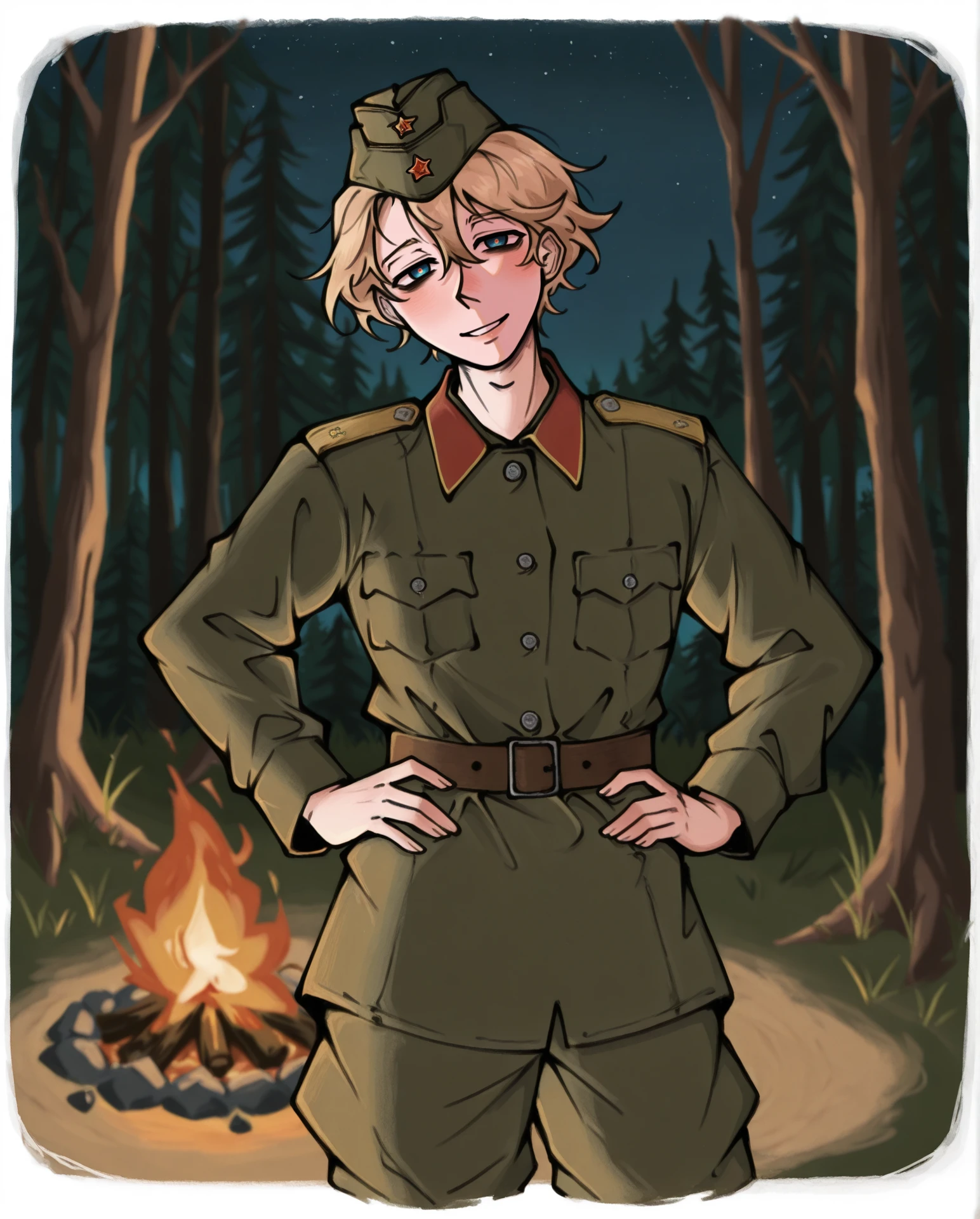 masterpiece, best quality, very aesthetic, detailed face, deatailed body, detailed clothes, absurdres, very aesthetic, kampfgruppelen,
1boy, solo, bishounen, short blonde hair, blue eyes, sov, garrison cap, belt, soviet garrison cap, soviet military uniform, pants,
scenery, forest, night, campfire, backlighting, blurry background, standing, posing, hands on own hips,
cowboy shot, cropped torso, cropped arms, looking at viewer, head tilt, (3/4 view:1.2), pupils, smile, parted lips, white background,
<lora:anatomy_helper:1><lora:highresbodyfix_v1:1><lora:StS_Age_Slider_Illustrious_v1_1055288:1><lora:kampfgruppeLen:1><lora:Soviet_Military_Uniform:0.7>