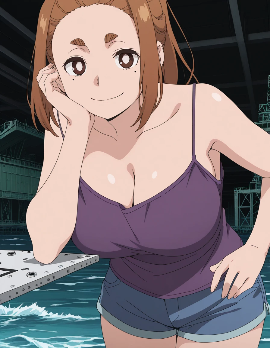 masterpiece, best quality, amazing quality,, <lora:sumireko-ogawa-s1-illustriousxl-lora-nochekaiser:1>, sumireko ogawa, brown hair, brown eyes, thick eyebrows, mole, mole under eye, bangs, ponytail, mature female, breasts, anime screencap, cleavage, bare shoulders, shorts, tank top, camisole, shorts, short shorts,, head rest, smile,, drydock, repair, ships, water, construction, cowboy shot, solo, looking at viewer,