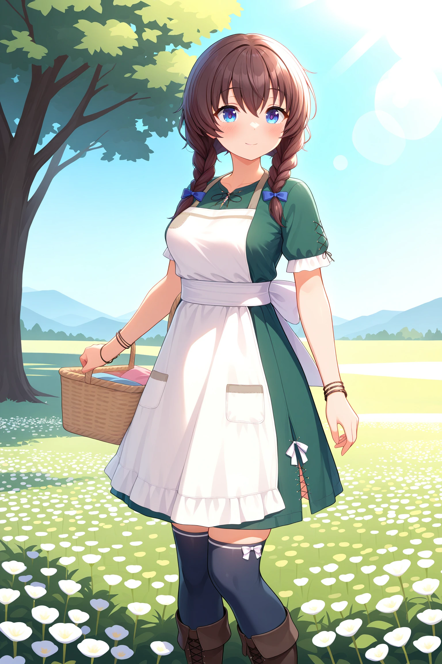 standing in a flower field, skirt fluttering in the breeze, soft sunlight, pastel color palette, peaceful mood, thoughtful expression, best quality, amazing quality, newest,detailed face, beautiful eye,1girl, ,<lora:riccaV2.0Dim16alpha4_illustrious:0.9>,ricca_main ,blue eyes ,,brown hair,hair between eyes,hair pulled forward,blue_hair_bow,,twin braids,ricca_casual,green dress,white apron,back bow,short sleeve,bracelet,pocket,black_thighhighs,over-kneehighs,,brown footwear,boots,basket,holding basket,side slit,cross-laced slit,, masterpiece, best quality, amazing quality, newest,detailed face, beautiful eye