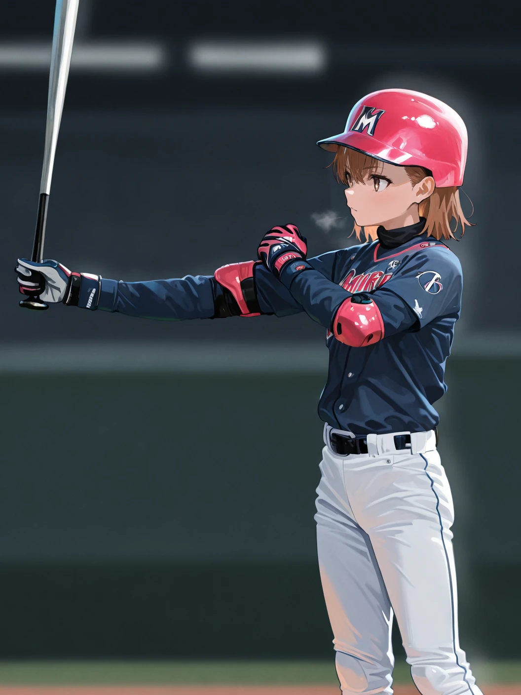 (1girl:1.2), (general:1.3), (masterpiece:1.2), newest, <lora:IchiroBattingStance_ill_v01:1> ichiro, (holding, holding baseball bat, baseball bat:1.2), baseball uniform, helmet, misaka mikoto, gloves, elbow pads,