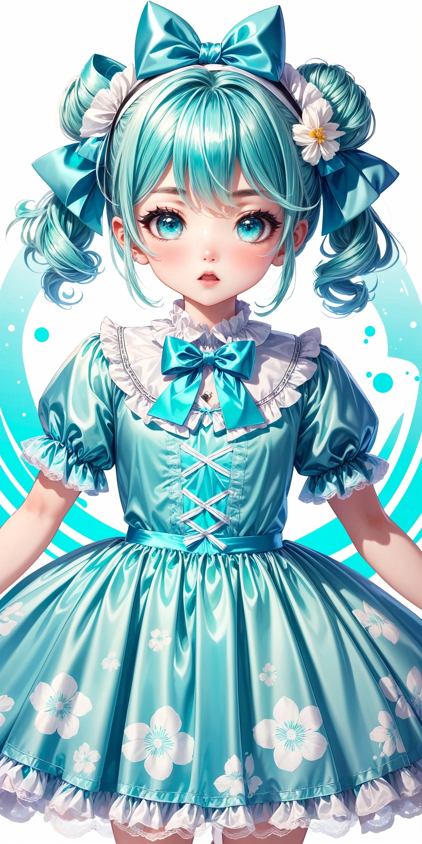 Aqua Floral Print Ribboned Shiny Satin Dress v1.0