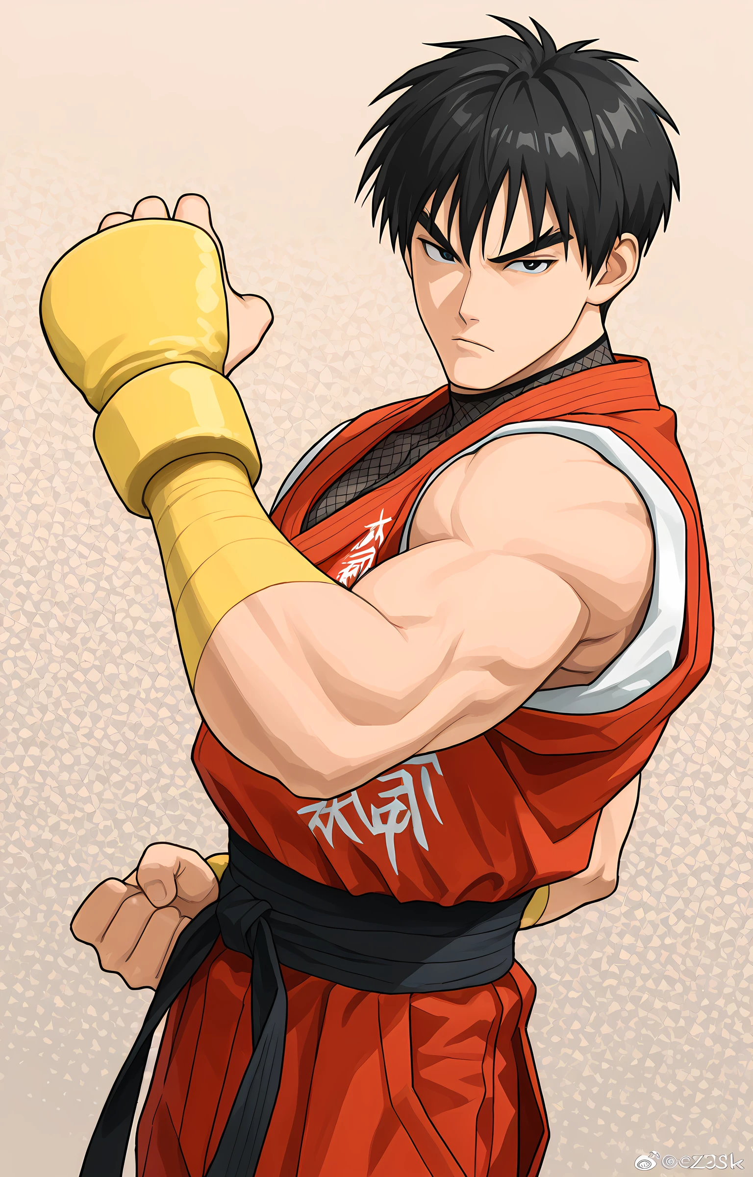 masterpiece, best quality, amazing quality, dutch angle, abstract background, BREAK
fighting stance, BREAK
1boy, solo, male focus, sf_guy, black hair, thick eyebrows, short hair, black eyes, mesh shirt, red dougi, BREAK
<lora:Guy - Street Fighter - ILXL:1>, <lora:Szadek:0.8> sz3d3k <lora:WFA_-_PDXL_Artist_Style:0.8> wfastyle <lora:Torakitchen__Ebitendon_-_Style_-_PDXL:0.8> tk_style