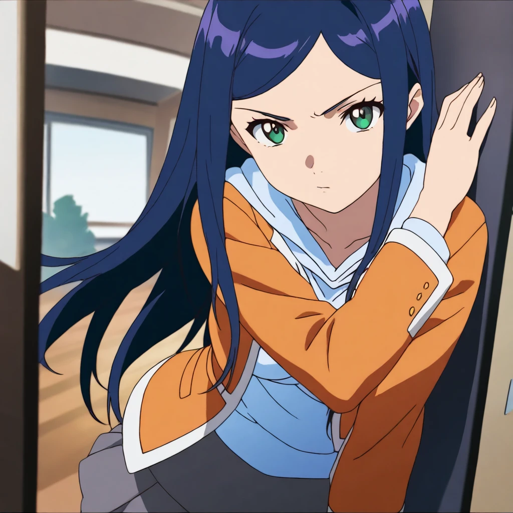 masterpiece,high score,great score,absurdres,solo,anime coloring,looking at viewer,school uniform, orange jacket, long sleeves, hoodie,skirt,<lora:KugaNatsuki ag4o:1> kuganatsuki, blue hair, long hair, green eyes,