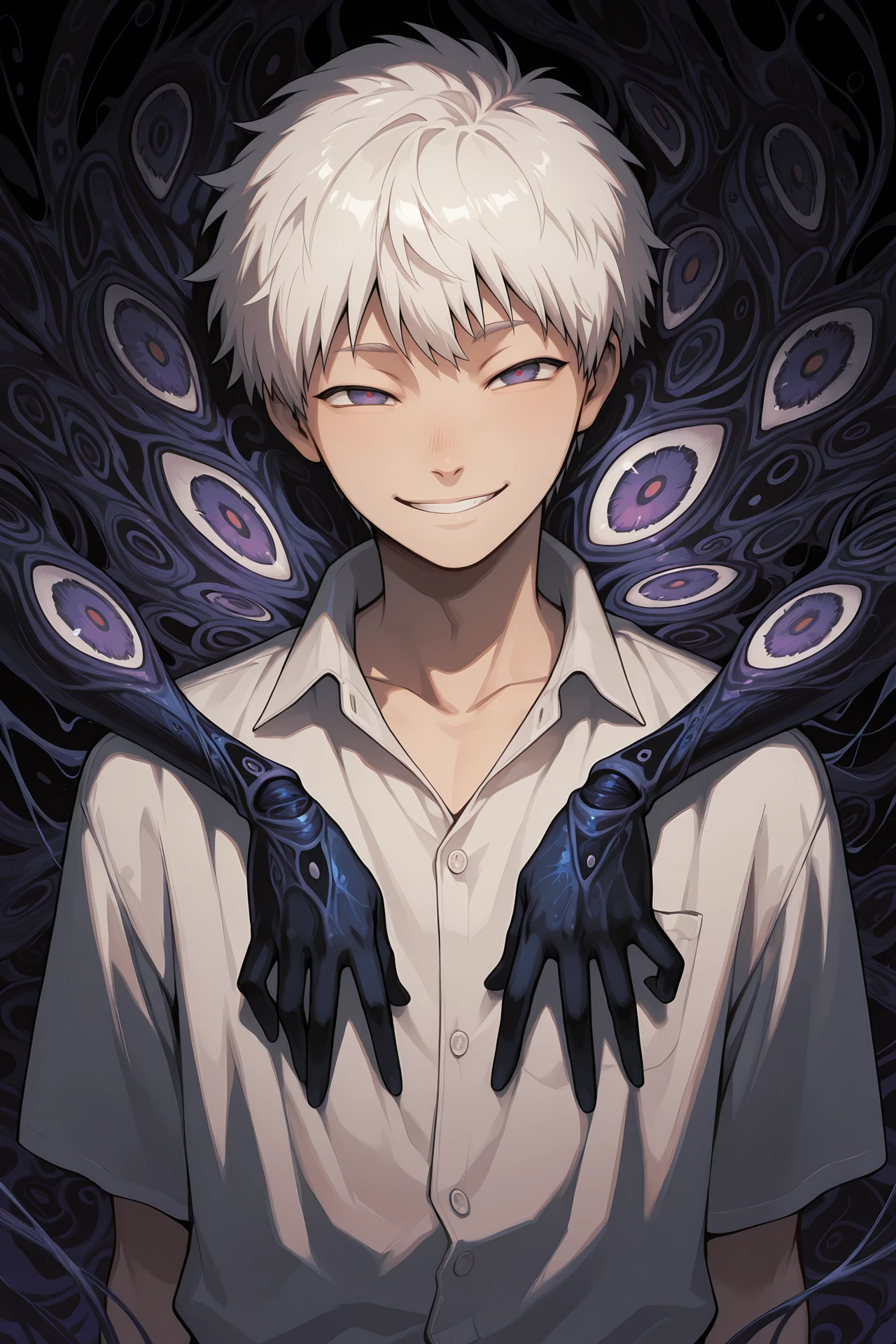 masterpiece, best quality, absurdres, hikaru_indou, 1boy, male focus, smile, solo, shirt, shadow_tendrils <lora:hikaru_indou:0.8>