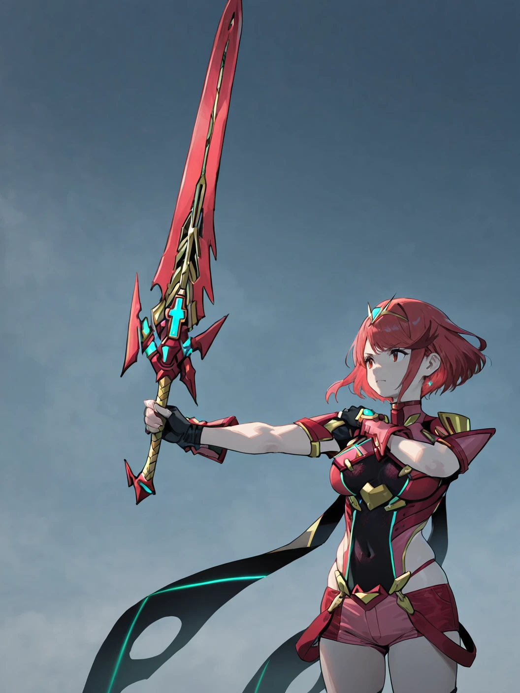 (1boy:1.2), (general:1.3), (masterpiece:1.2), newest, <lora:IchiroBattingStance_ill_v01:1.4> (ichiro:1.2), (holding, holding aegis sword \(xenoblade\), aegis sword \(xenoblade\):1.2), pyra, short shorts, fingerless gloves, serious, red hair, tiara, outstretched arm, hand on own shoulder,