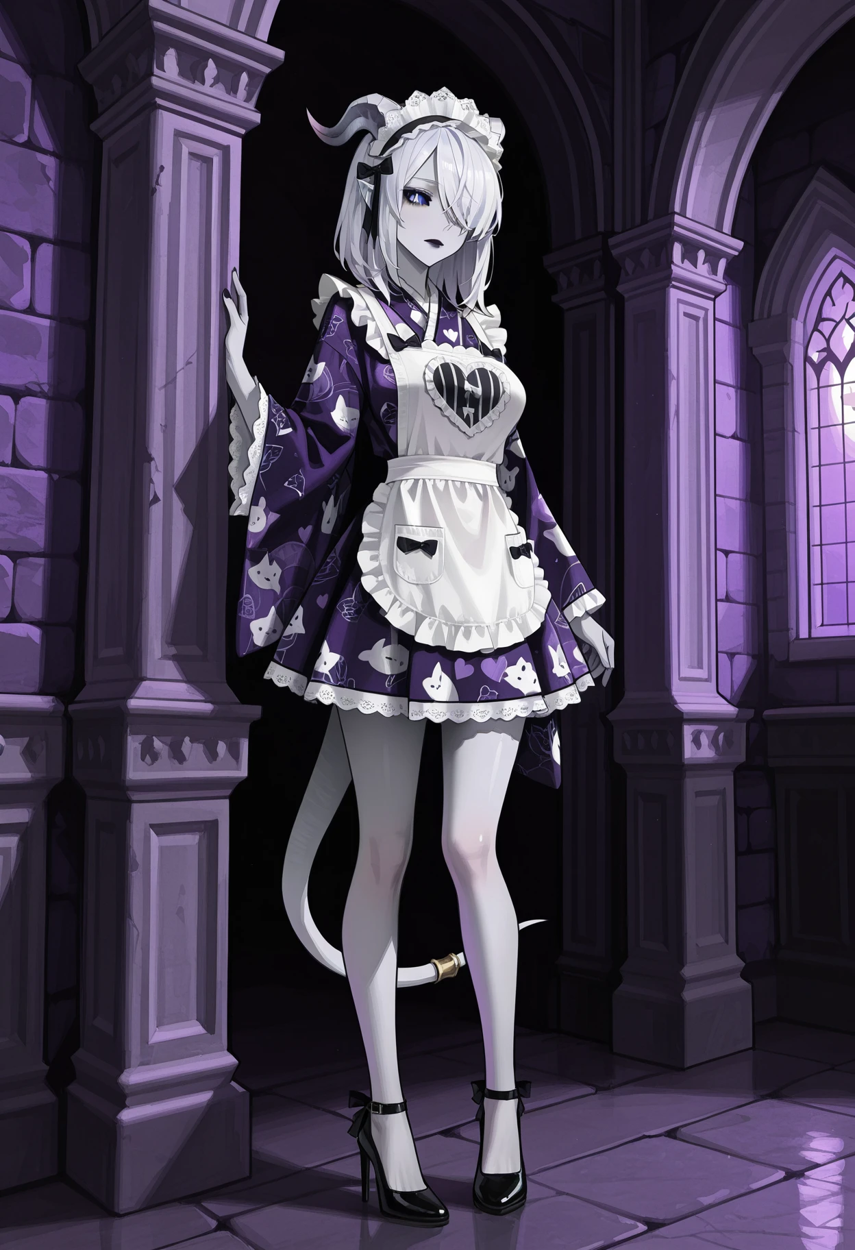 1girl, draenei, horns, medium hair, hair over one eye, gray skin, dark lips, bright blue eyes, black sclera, medium breasts,
full body, high heels, black footwear, shoes, lipstick, makeup,
standing, looking at viewer,
inside castle, stone wall, stone floor, purple theme, dark theme ,night,
<lora:AmyBentonMaidIL:1>,amybentonmaid12, japanese clothes, kimono, print kimono, short kimono, animal and strips print, white apron, lace, frills, heart print on apron, headdress, purple kimono,
masterpiece,best quality,amazing quality, <lora:lmia4IL-style:0.8>, llmia4,