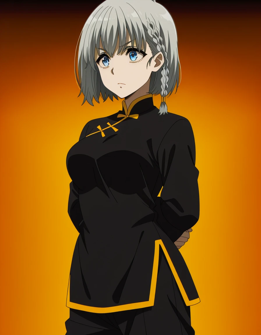 masterpiece, best quality, amazing quality,, <lora:shadow-beta-s1-illustriousxl-lora-nochekaiser:1>, beta, short hair, blue eyes, braid, grey hair, mature female, medium breasts, anime screencap, <lora:kung-fu-illustriousxl-lora-nochekaiser:1>, kung fu, martial arts, training, fighting stance, cowboy shot, hands behind back, ,