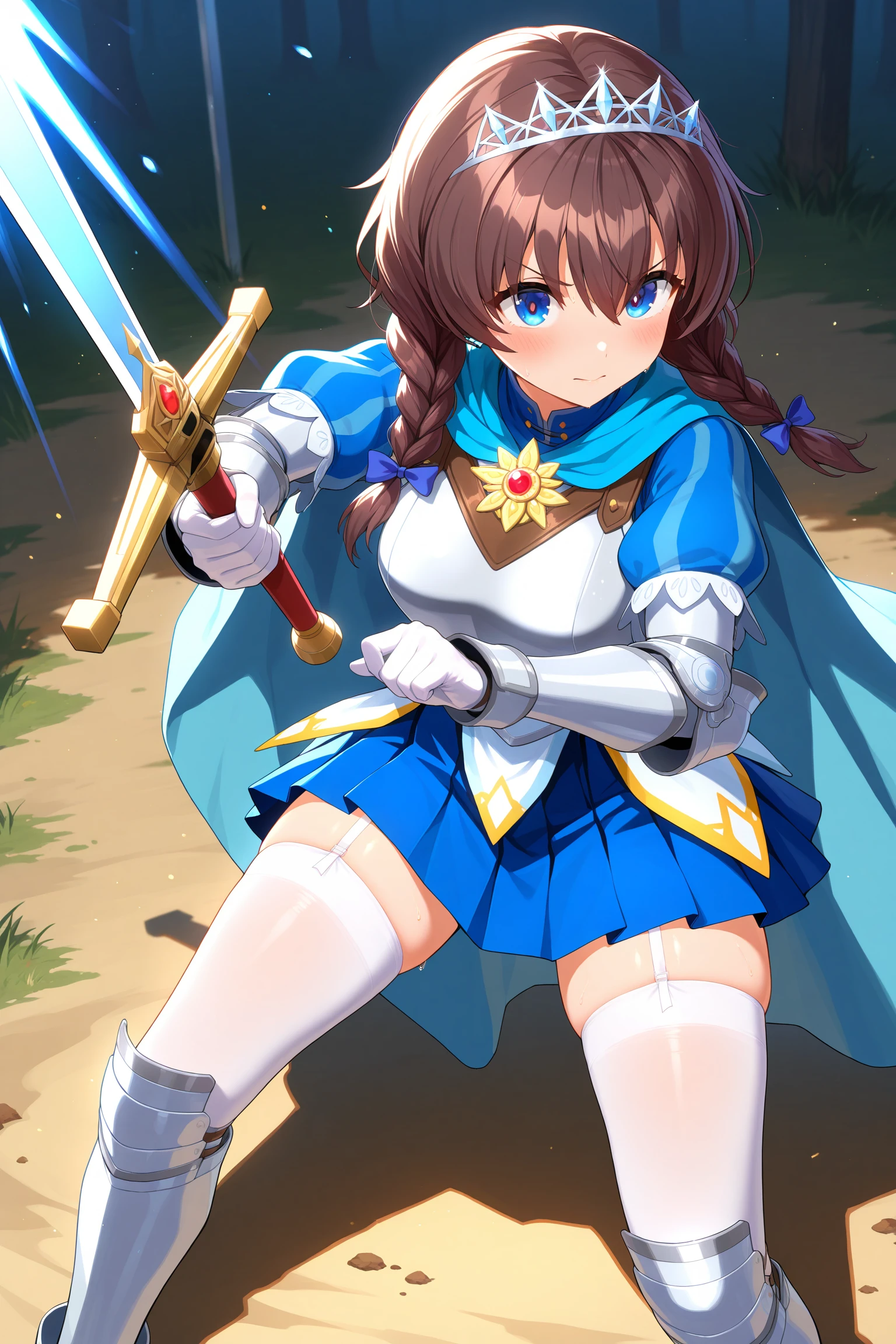 sword training ground, striking pose, two-handed sword, aggressive stance, dirt flying, braid in motion, best quality, amazing quality, newest,detailed face, beautiful eye,1girl, <lora:riccaV2.0Dim16alpha4_illustrious:0.8>,ricca_main ,blue eyes ,,brown hair,hair between eyes,hair pulled forward,twin braids,ricca_battle1, breastplate, vertical striped sleeves,armor, armored dress,blue_dress,, white gloves, gauntlets, blue skirt, pleated skirt, zettai ryouiki, white thighhighs, garter straps,greaves, cape, blue cape, tiara, brooch, flower brooch,chest brooch,sword,, masterpiece, best quality, amazing quality, newest,detailed face, beautiful eye