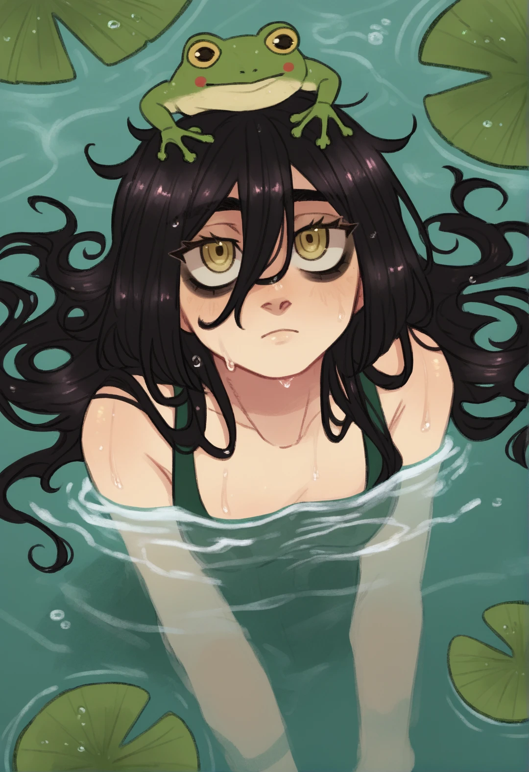 <lora:MCNsVtiramisoups:1> MCNsVt1r4m1s0up,1girl, long hair, looking at viewer, black hair, hair between eyes, closed mouth, yellow eyes, water, wet, looking up, partially submerged, bags under eyes, on head, frog, lily pad, from above, looking up, outdoors,