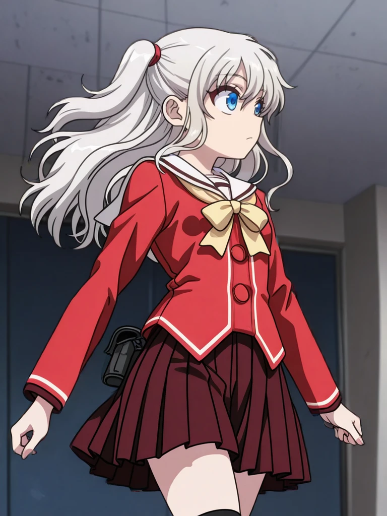 32k, Super-Resolution, <lora:illustrious_quality_modifiers_masterpieces_v1:1> masterpiece, (very aesthetic:1.2), absurdres, Digital Art, lazypos, 16-bit RGB, Artwork,(detailed:1.3) , <lora:StS-Illustrious-Detail-Slider-v1.0:3.5>, depth of field, ,cowboy shot, zooming out,<lora:dynamic-pose-illustriousxl-lora-nochekaiser:1> , (dynamic pose:1.5), <lora:anime_screencap:1> anime coloring,
BREAK, <lora:Nao_Tomori:1>,tomori nao, silver hair,long hair, bangs, blue eyes, two side up, anime screenshot, naoDress, two side up, school uniform, white sailor collar,serafuku, yellow bow, long sleeves, red blazer, dark red pleated skirt, belt bag,black kneehighs, from front,