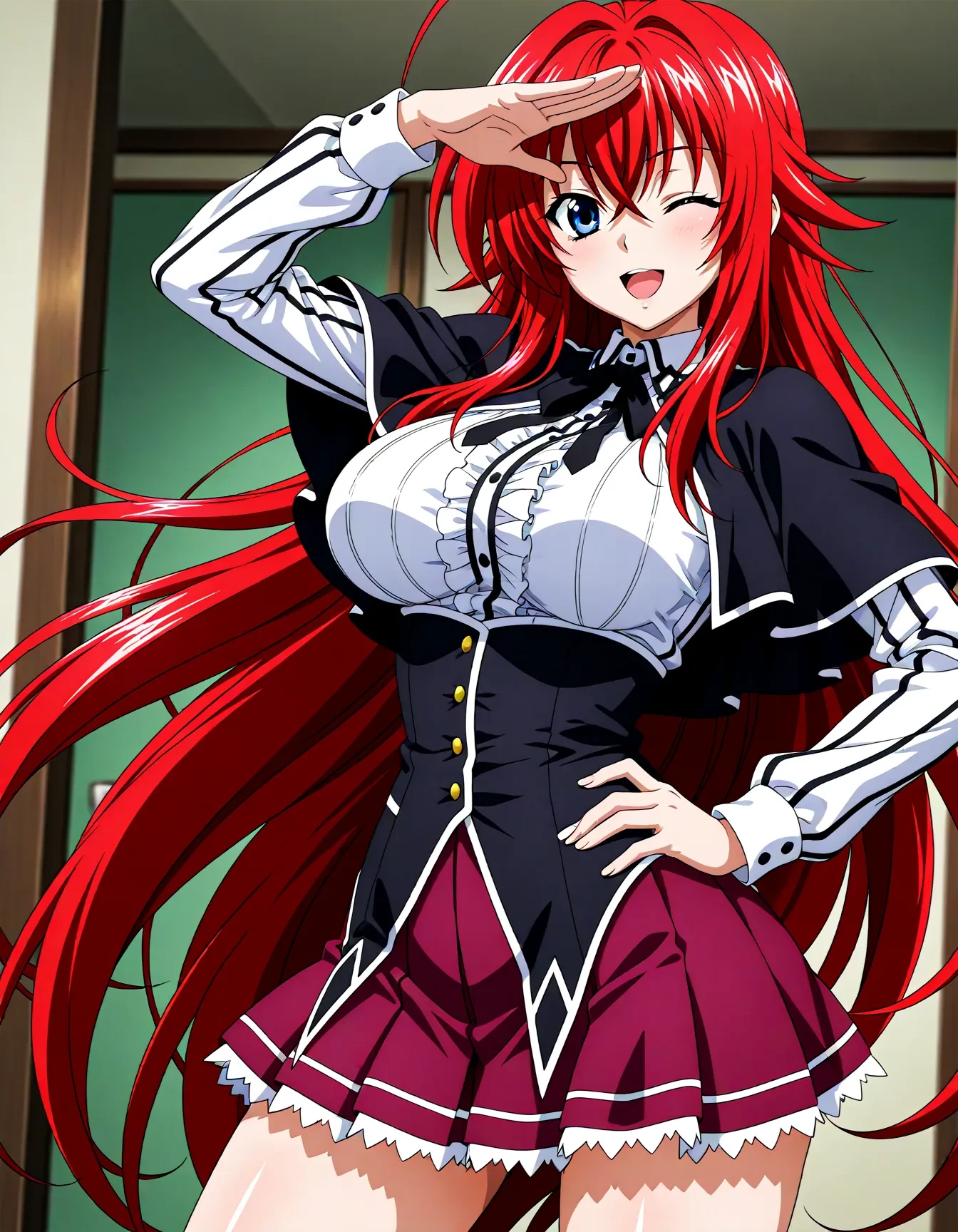 <lora:dmd2_sdxl_4step:1>,1girl,official style,masterpiece,best quality,newest,very aesthetic,highly detailed,high resolution,absurdres,highres,depth of field,super detailed skin,very awa,Anime,anime coloring,anime screencap,rias gremory,very long hair,red hair,blue eyes,ahoge,crossed bangs,<lora:rias_gremory_V1:1>,black capelet,striped shirt,white shirt,neck ribbon,black ribbon,long sleeves,black corset,buttons,pleated skirt,frilled skirt,purple skirt,stylish_pose,smile,posing,open mouth,one eye closed,