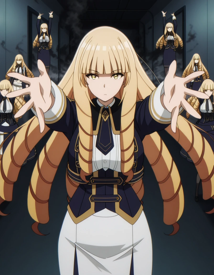 masterpiece, best quality, amazing quality,, <lora:oriana-rose-s1-illustriousxl-lora-nochekaiser:1>, oriana rose, long hair, blonde hair, yellow eyes, drill hair, bangs, blunt bangs, mature female, medium breasts, anime screencap, skirt, jacket, necktie, white skirt, corset,, on back, arm support, arms up, incoming hug, pov, reaching, reaching towards viewer,, power plant, machinery, smoke, energy, workers, cowboy shot, solo, looking at viewer,