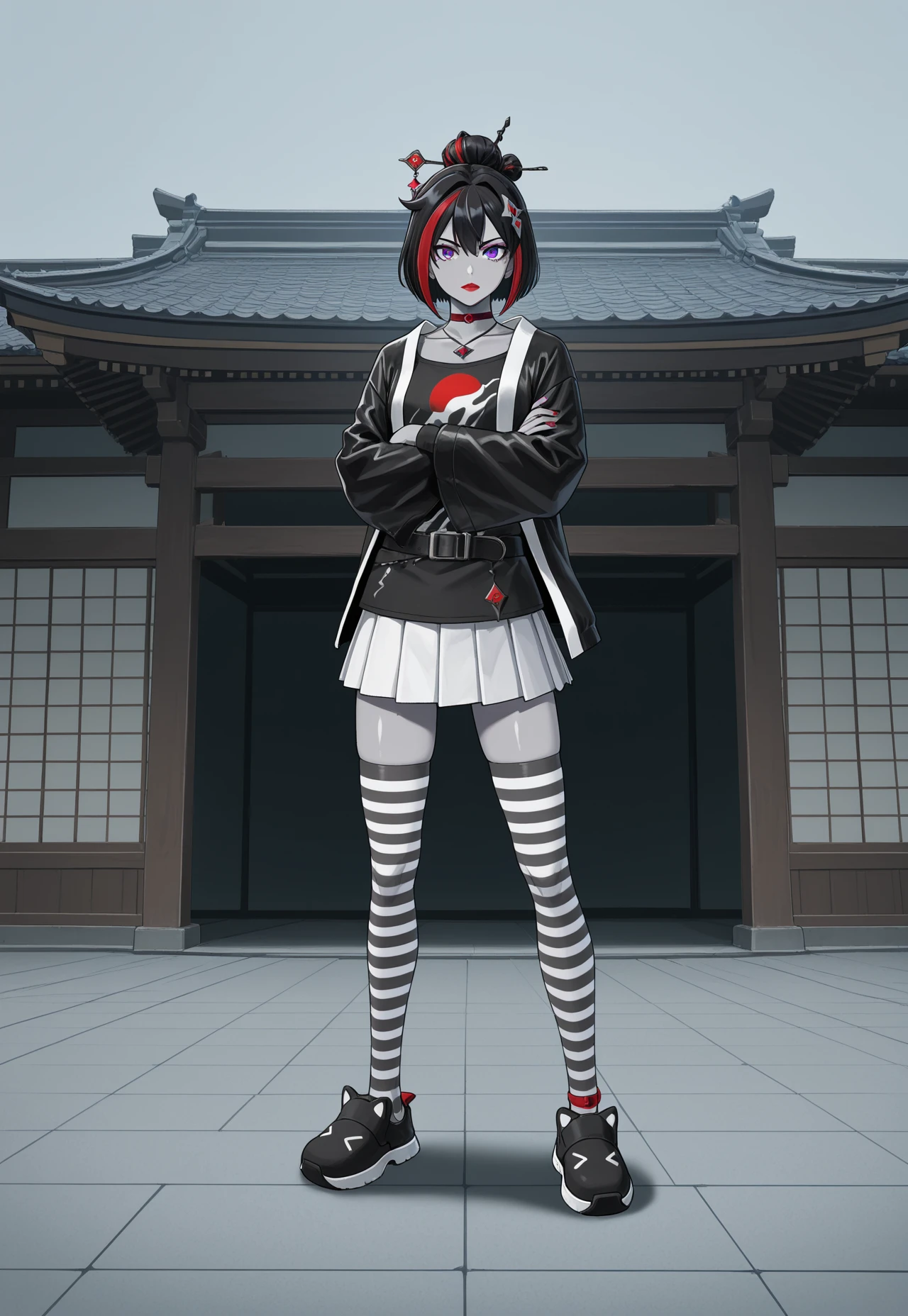 looking at viewer, standing, crossed arms, full body, Japanese architecture, dynamic pose,
MiyakoF, 1girl, solo, grey skin, multicolored hair, streaked hair, red hair, black hair, short hair, hair ornament, hair bun, purple eyes, red lips, choker, necklace, jacket, long sleeves, shirt, belt, pleated white skirt, shoes, striped thighhighs,
absurdres, newest, masterpiece, best quality, very aesthetic, MythAn1m3,