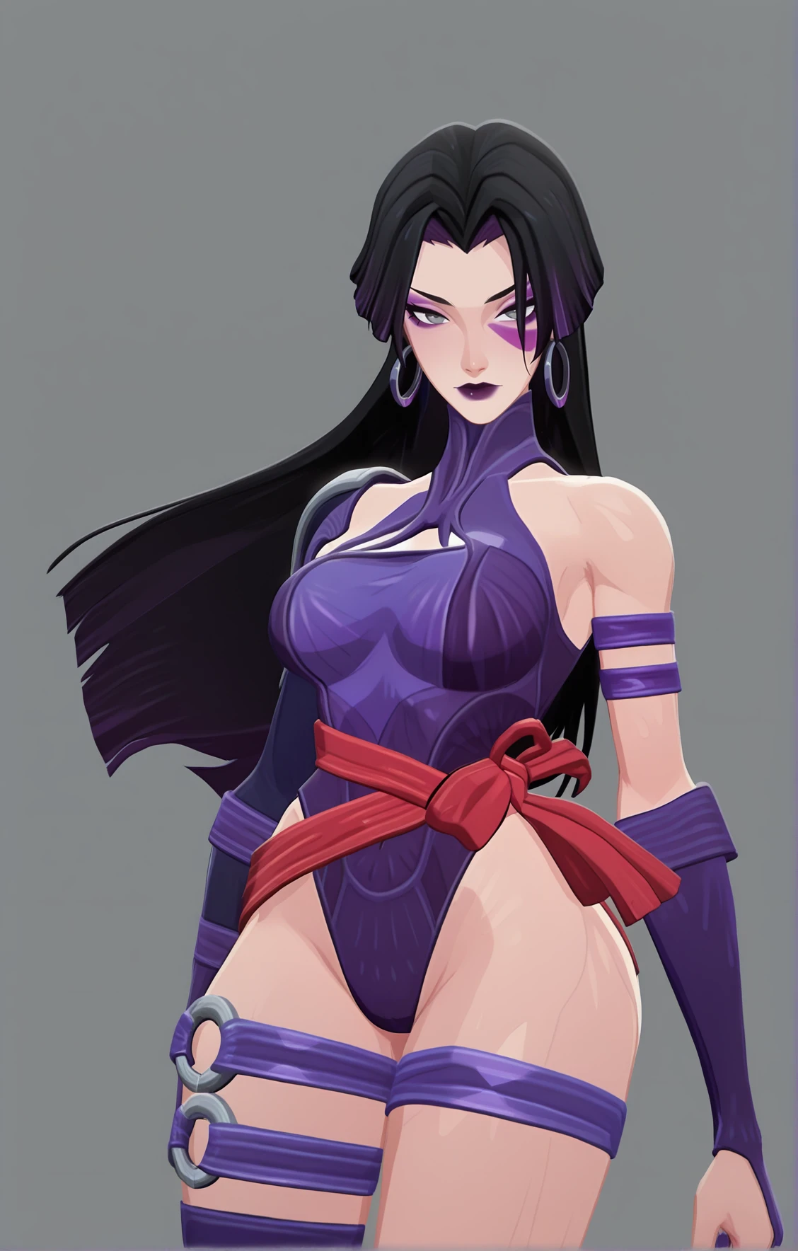masterpiece, best quality, amazing quality, absurdres,
, , , , , hot, dynamic pose, <lora:afkJourneyIllustrious2:1.2> afkJourneyStyle <lora:psylocke2-e72_s1512:1> Psylocke, 1girl, gray eyes, purple face markings, purple lipstick, parted hair, long black hair,hoop earrings, purple leotard , long sleeve, single shoulder, red waistband, exposed legs,
