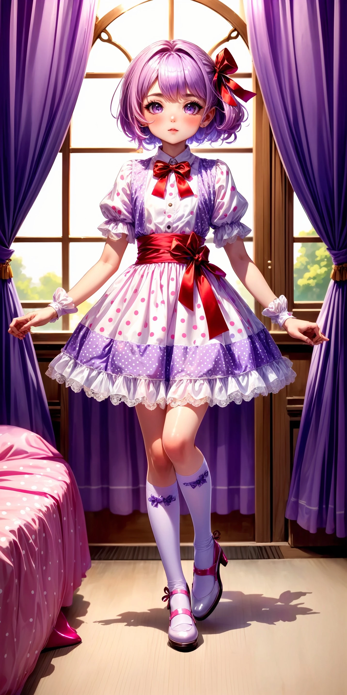 Purple, Pink, White and Red Ribbon-Trimmed Polka Dot Print Dress v1.0