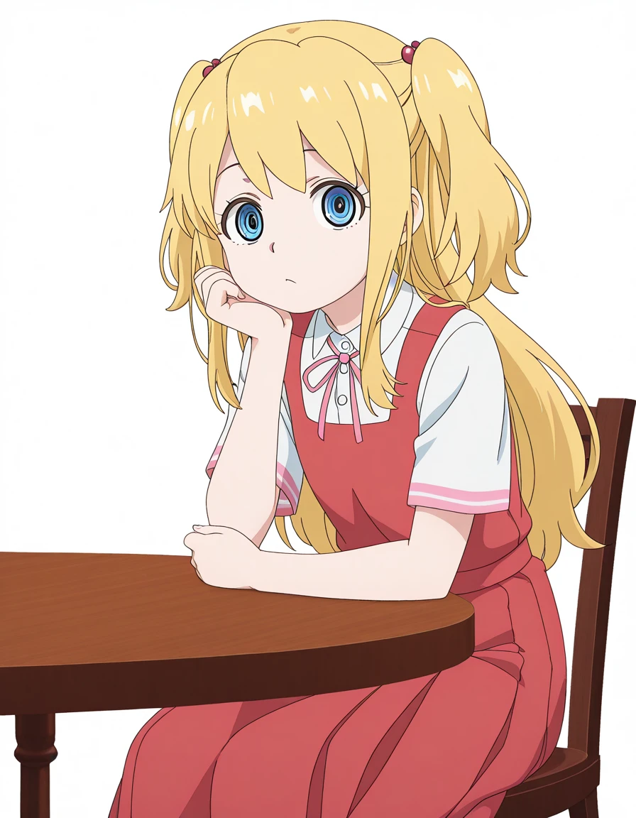 masterpiece, best quality, amazing quality,, <lora:nodoka-ametsuchi-s1-illustriousxl-lora-nochekaiser:1>, nodoka ametsuchi, long hair, blue eyes, blonde hair, hair ornament, two side up, anime screencap, skirt, shirt, ribbon, short sleeves, neck ribbon, red dress,, sitting, elbow rest, table,, museum, exhibits, art, history, visitors, cowboy shot, solo, looking at viewer, <lora:transparent-background-illustriousxl-lora-nochekaiser:1>, transparent background, simple background, white background