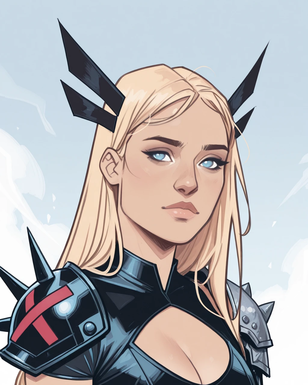 masterpiece, best quality, absurdres, perfect quality, absolutely eye-catching, <lora:CasparWijngaardIllus:1> casparw, <lora:Magik ModernilluLoRA:0.8> mgik, long hair, blue eyes, hair ornament, crop top, single glove, single gauntlet, shorts, midriff, belt, thighhighs, cleavage cutout, single shoulder armor, portrait, looking at viewer, from side,