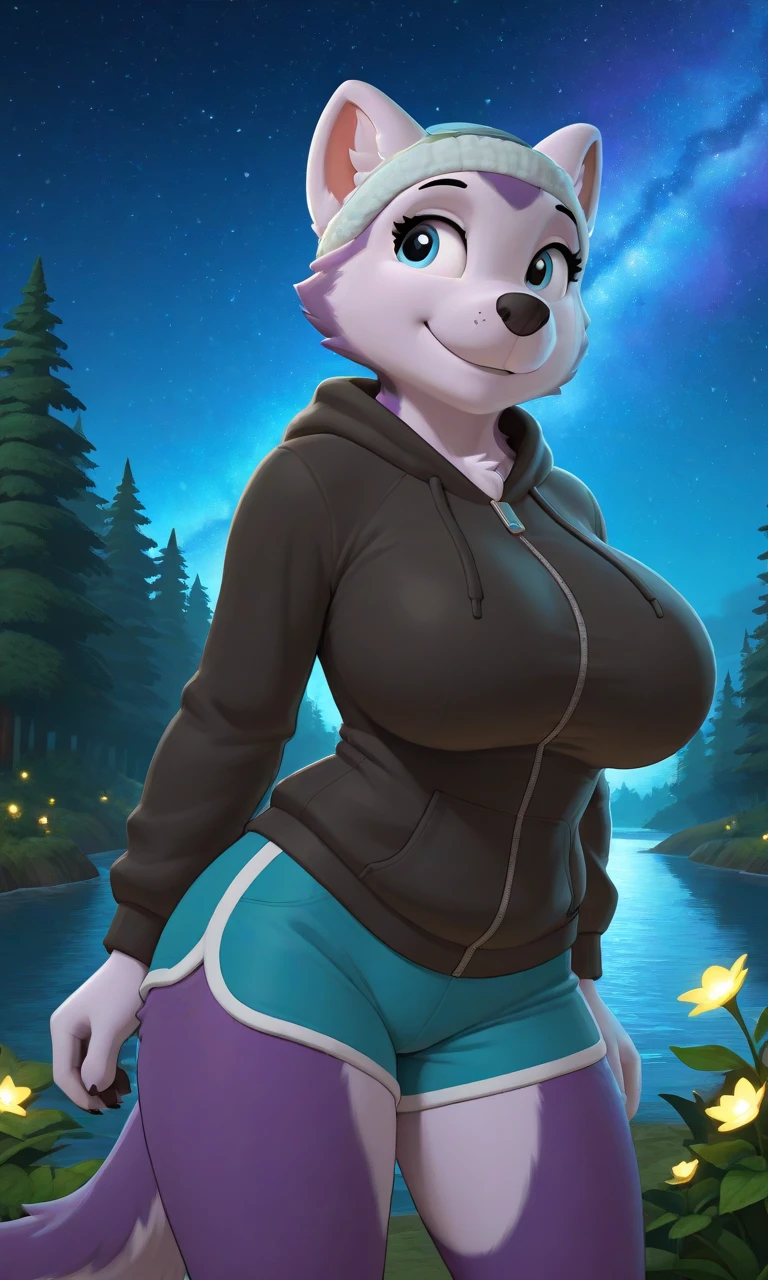 Best quality A bear they're wearing a cloak And her eye color is purple And?. wearing a bikini. Fuzzy black Fur. Hair color light purple. In Fortnite.
