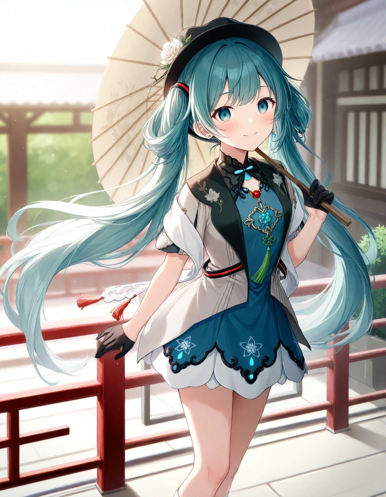 1girl, solo,
hatsune miku \(miku with you 2021\), 1girl, hatsune miku, very long aqua hair, hair rings, aqua eyes, twintails, black headwear, hat flower, white rose, black half gloves, chinese clothes, jewelry, blue dress, shawl, tassel, white socks, black footwear,  legs,
holding oil-paper umbrella, standing, waving,
empty eyes, hypnotized eyes, looking at viewer, 
smile, blush, aroused,
outdoors, chinese garden,
vibrant colors, hyper-detailed,
depth of field, bokeh, blurry background, soft focus, extremely detailed background,
prsk style, project sekai,
masterpiece, high score, great score, very aesthetic, absurdres,
<lora:MikuWithYou2021_anynoob_B:1>