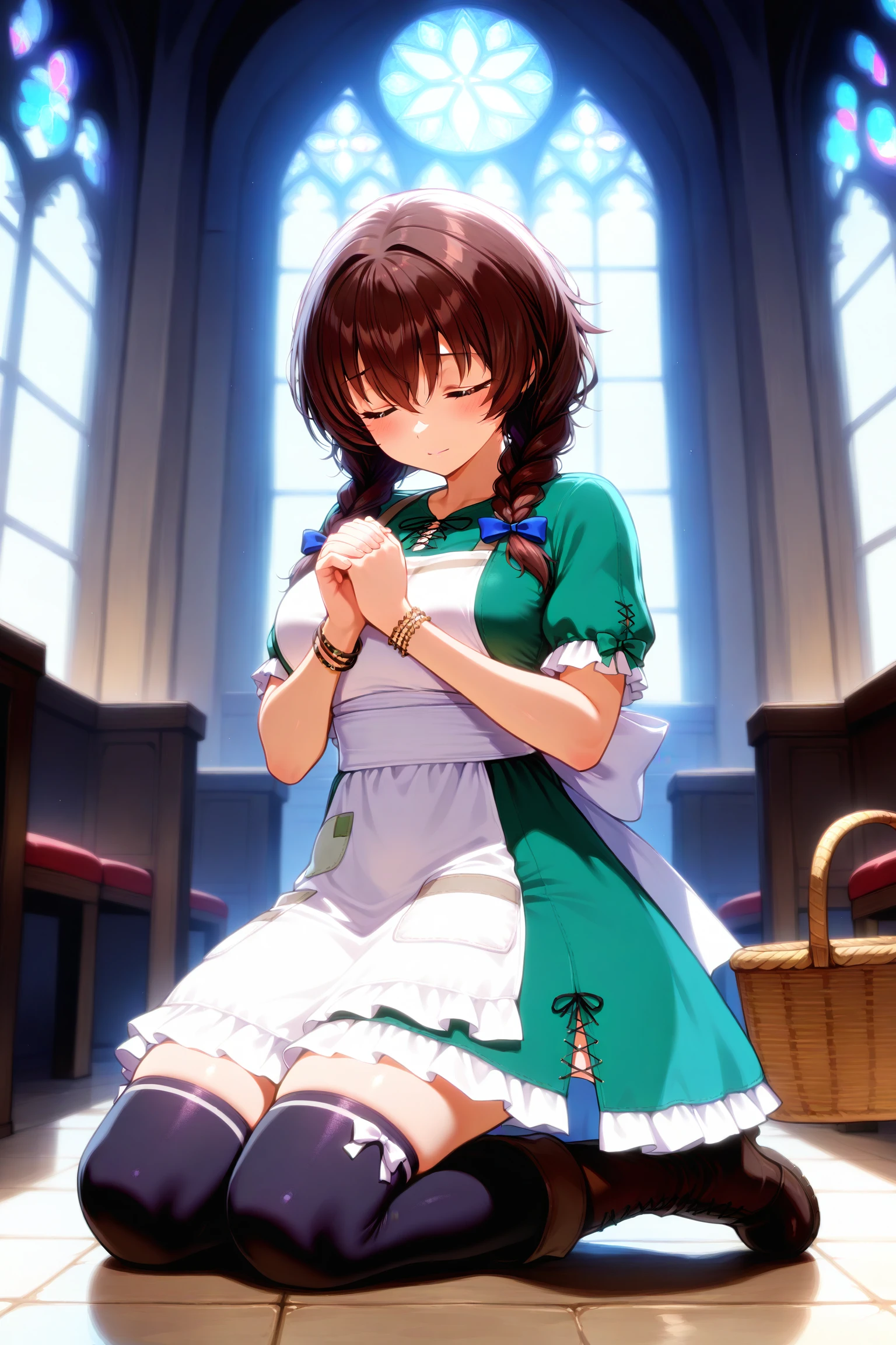 ancient cathedral, kneeling, praying,closed eyes, looking down, stained glass, holy light, light rays,,masterpiece, best quality, amazing quality, newest,detailed face, beautiful eye,1girl, <lora:riccaV2.0Dim16alpha4_illustrious:0.9>,ricca_main ,blue eyes ,,brown hair,hair between eyes,hair pulled forward,blue_hair_bow,,twin braids,ricca_casual,green dress,white apron,back bow,short sleeve,bracelet,pocket,black_thighhighs,over-kneehighs,,brown footwear,boots,basket,side slit,cross-laced slit,