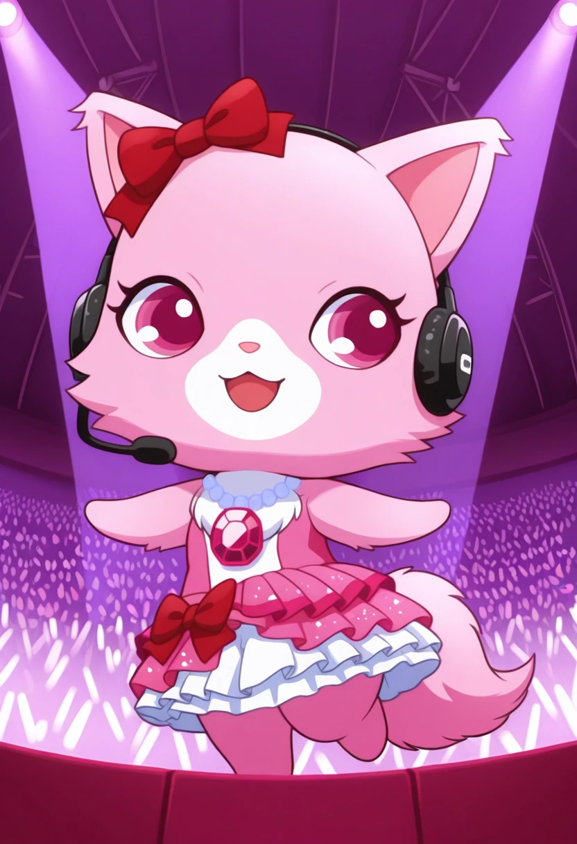 best quality, masterpiece, garnetjp, furry, no humans, jewelry, bow, solo, :3, necklace, white muzzle, hair bow, tail, chest fur, pink eyes, pink fur, idol dress, frilly dress, ear microphone, chibi, stage, crowded, looking away, pov, low angle, dancing, open mouth, smile